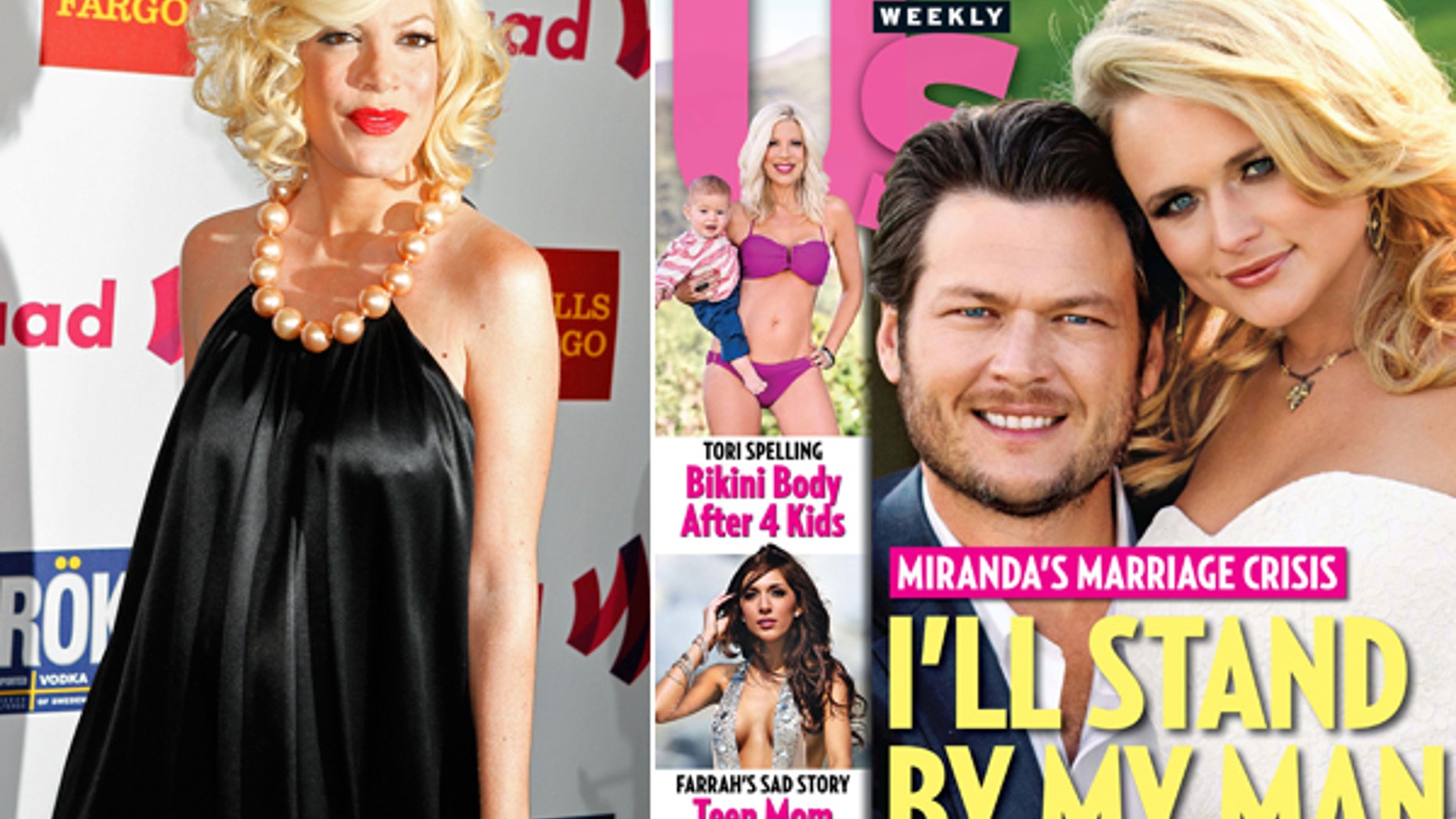 Tori Spelling in 2011, left, and on the cover of US Weekly, right.