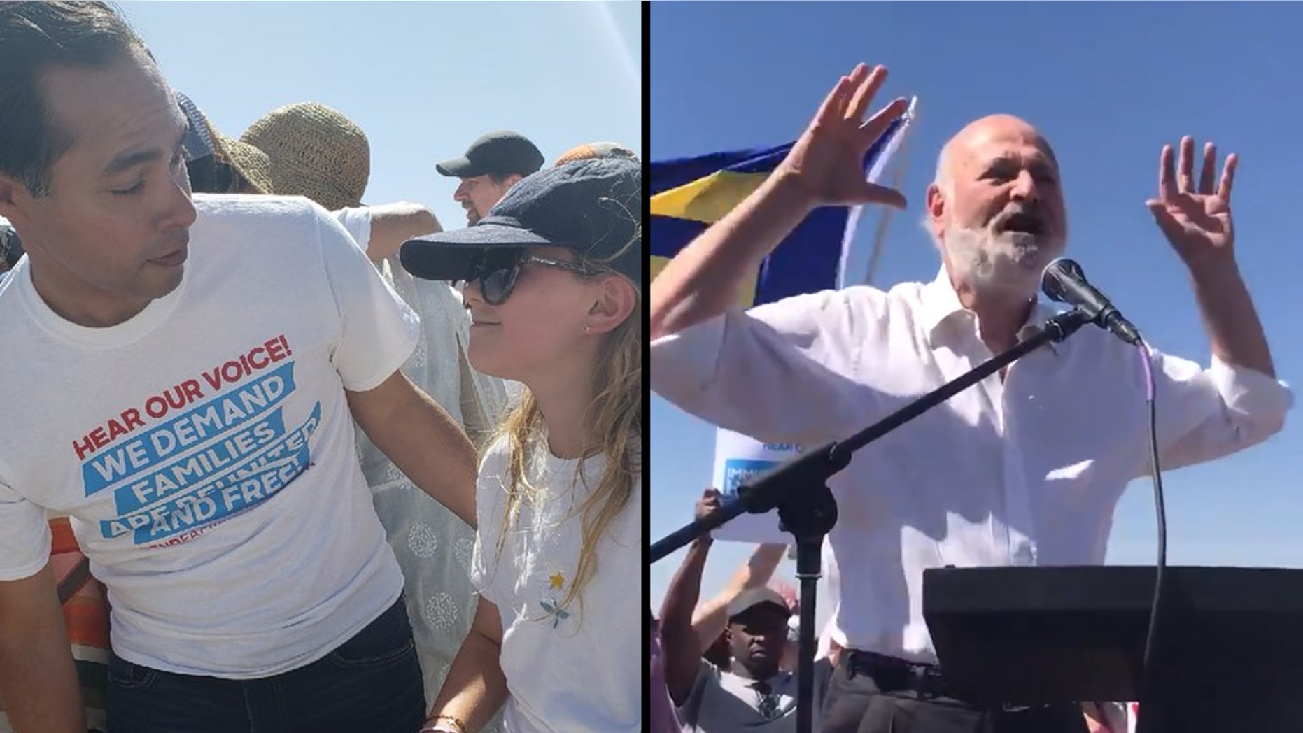 Former HUD Secretary Julian Castro, left, and Rob Reiner spoke out at the protest in Tornillo, Texas.