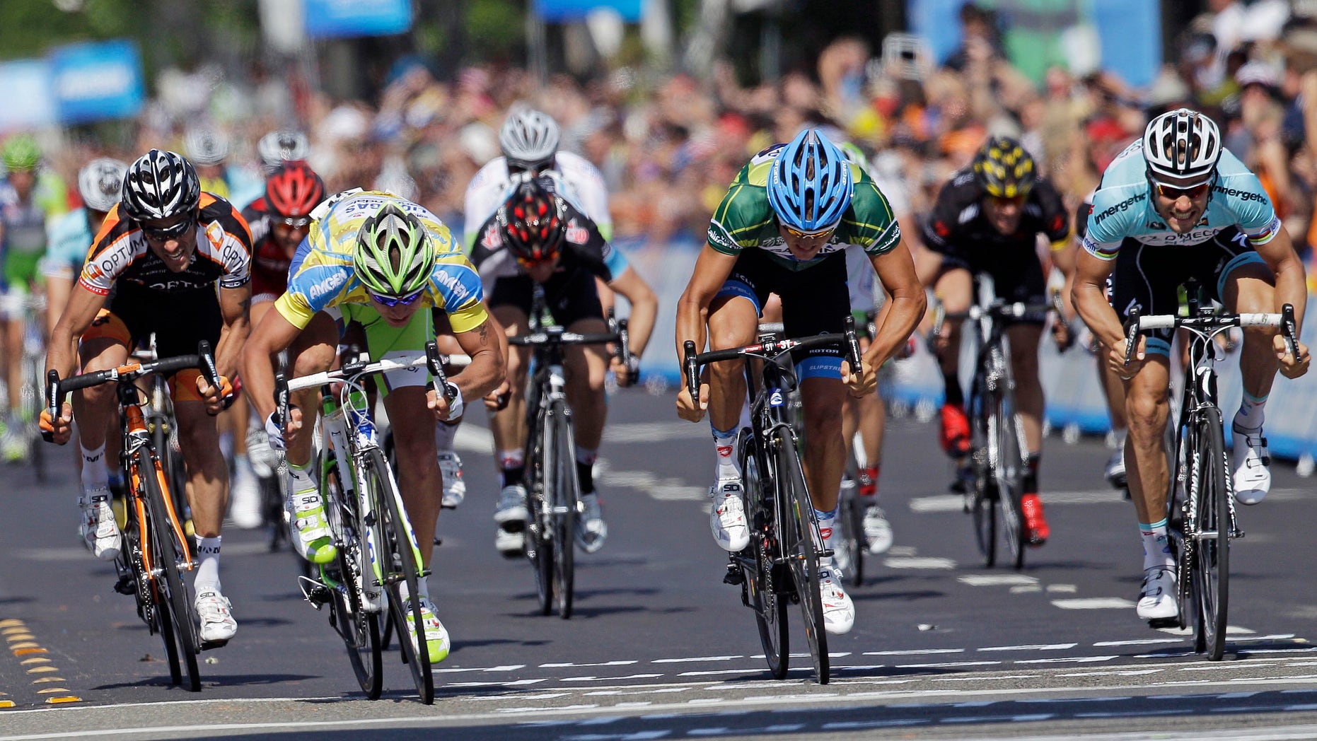 May 15, 2012: From left, Alexander Calendario; Peter Sagan, of Slovakia; Heinrich Haussler, of Australia; and Tom Boonen, of Belgium, sprint to the finish during Stage 3 of the Tour of California cycling race in Livermore, Calif.