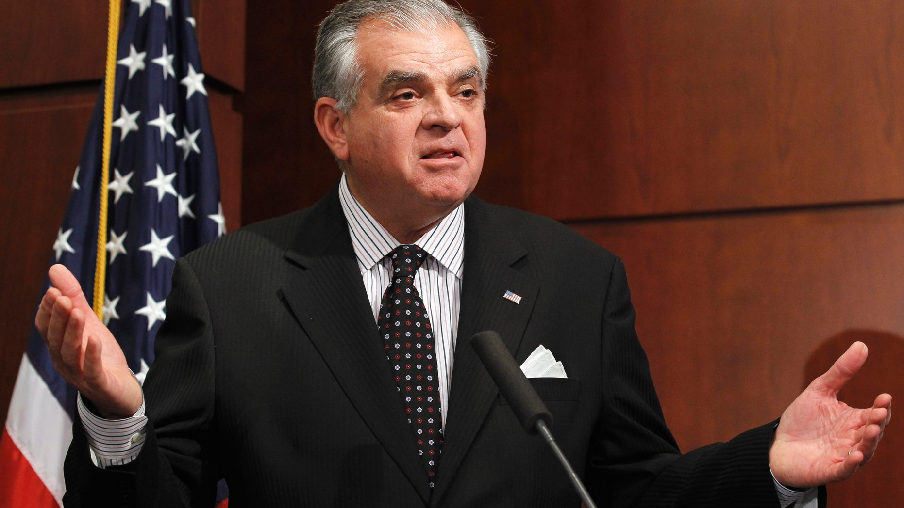 In this Feb. 8 file photo, Transportation Secretary Ray LaHood speaks in Washington. Sens. Jack Reed and Sheldon Whitehouse sent a letter Friday to U.S. Transportation Secretary Ray LaHood asking that he consider sending some of the rejected funds to Rhode Island.