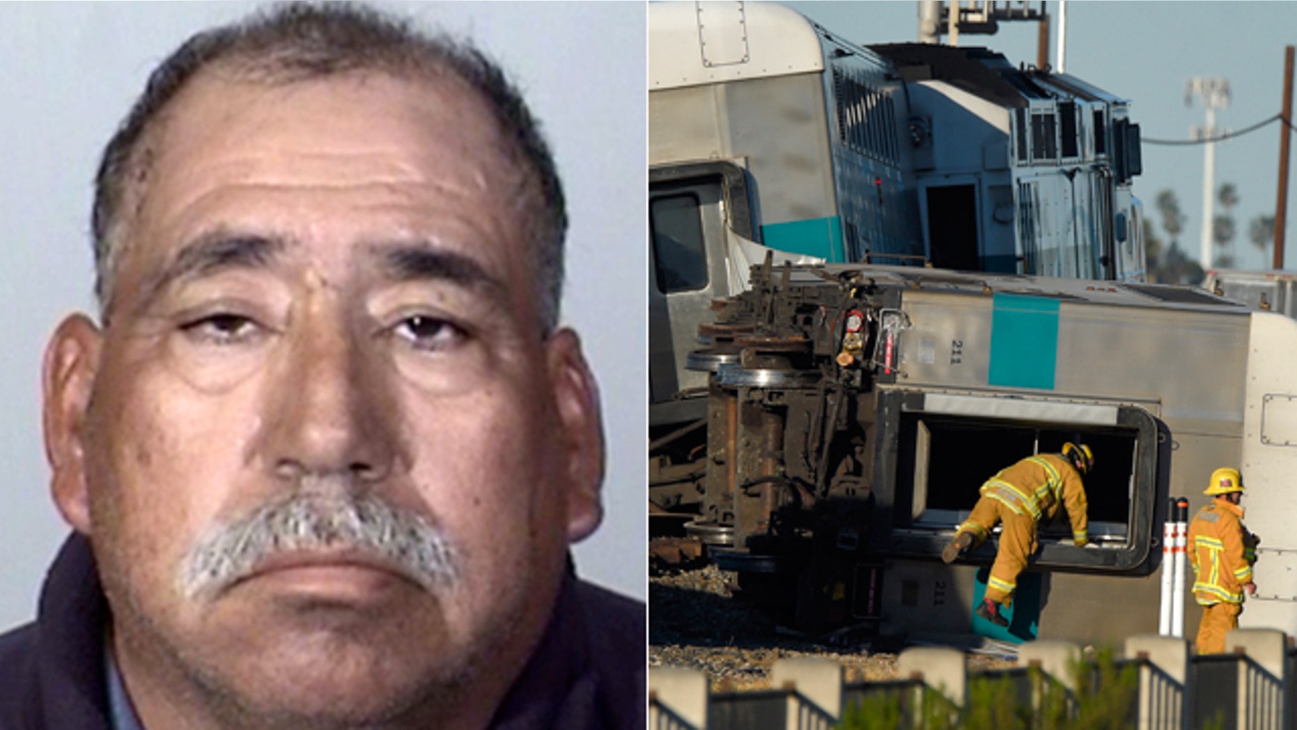 This booking photo provided by the Oxnard Police Department shows Jose Alejandro Sanchez-Ramirez, 54, of Yuma, Arizona, who was the driver of a pickup truck that a Southern California commuter train smashed into on Tuesday (right). (AP Photo/Oxnard Police Department)