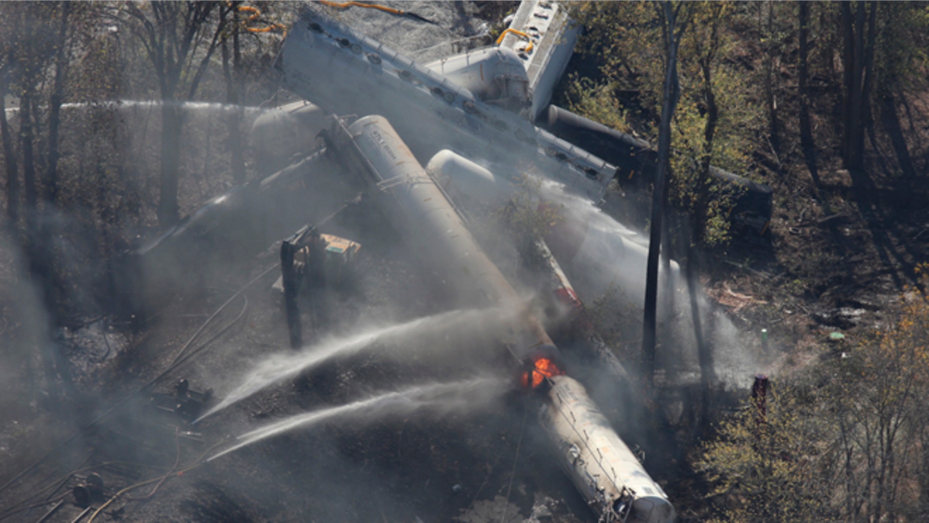 Oct. 31, 2012: Flames can be seen from the air after an explosion happened at the sight of a train derailment in southern Jefferson County, just south of Louisville, Ky.