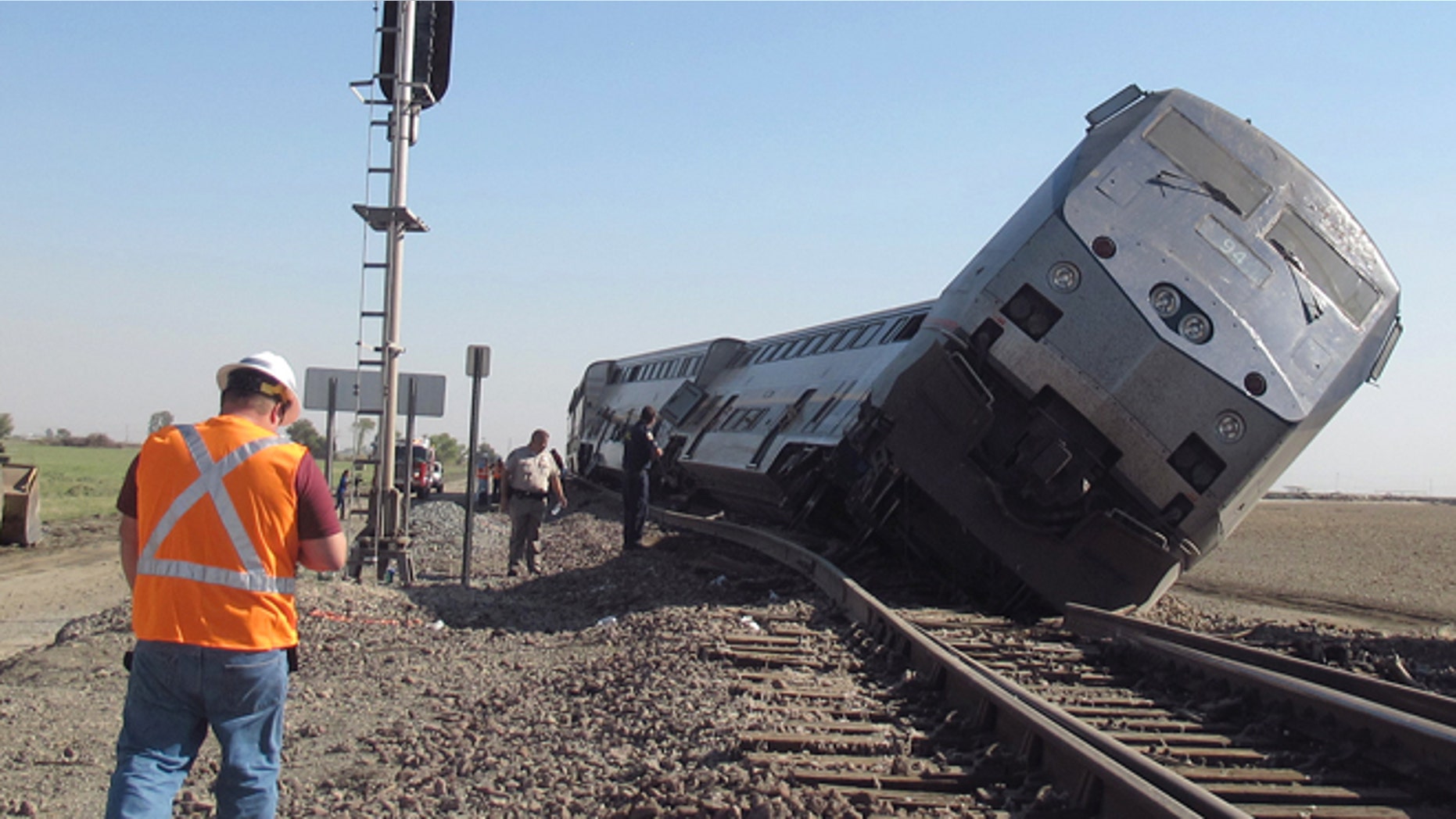 Oct. 1, 2012: Emergency personnel respond to the scene of a train derailment in Hanford, Calif.