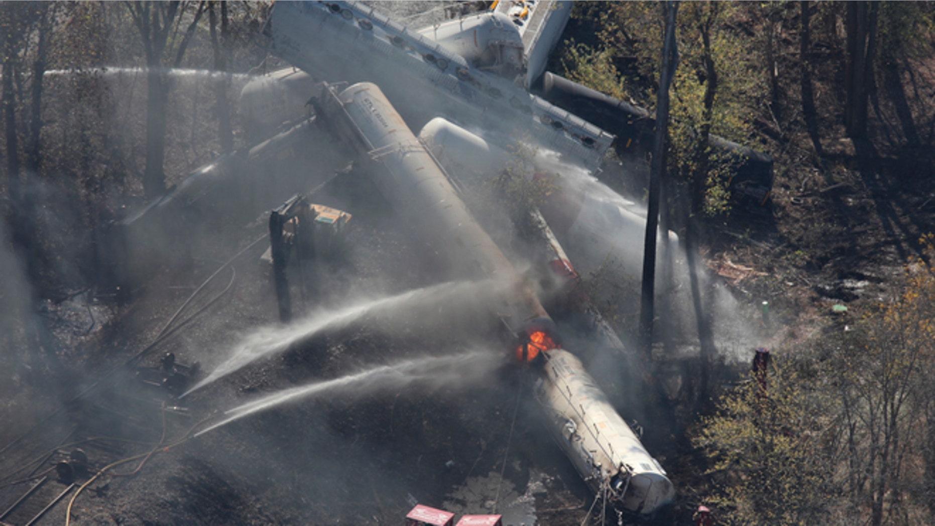 Oct. 31, 2012: Flames can be seen from the air after an explosion happened at the sight of a train derailment in southern Jefferson County, just south of Louisville, Ky.