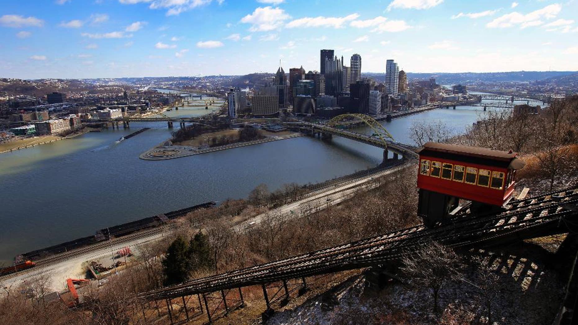 The Duquesne Incline makes it way up the slope of Mount Washington across the Monongahela river from downtown Pittsburgh.
