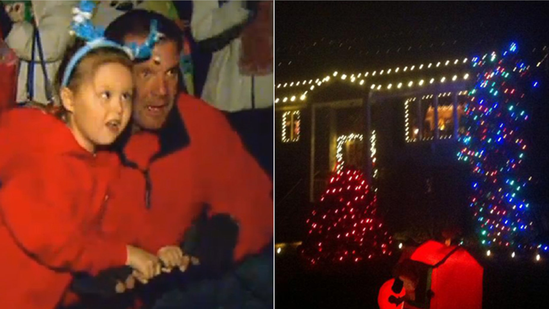 Left, Lily gets ready to see her family's home lit up in Christmas lights. Right, the final product.