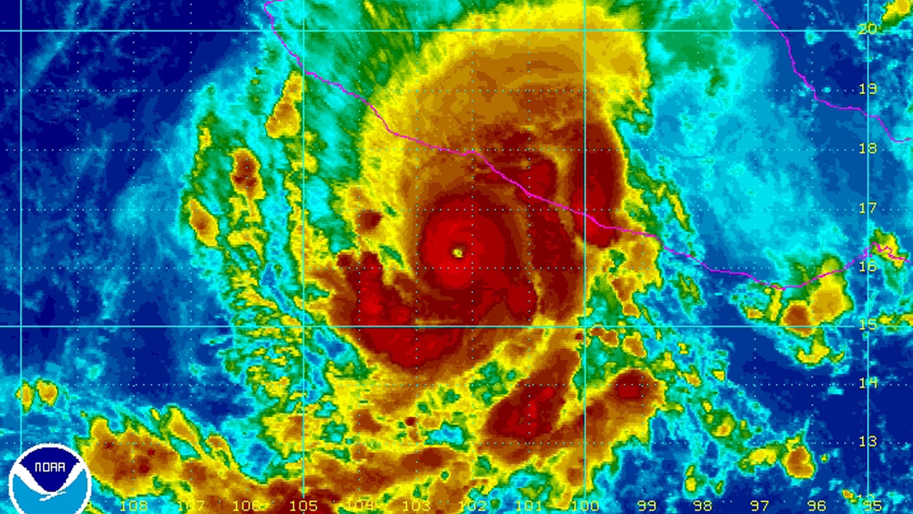 Oct. 21, 2013 - Satellite image shows Hurricane Raymond in the Pacific Ocean off the coast of Mexico. Raymond strengthened to a Category 3 storm early Monday, and threatened to hurl heavy new rains onto a sodden region of Mexico's Pacific Coast already devastated by last month's Tropical Storm Manuel. (photo provided by National Oceanic and Atmospheric Administration