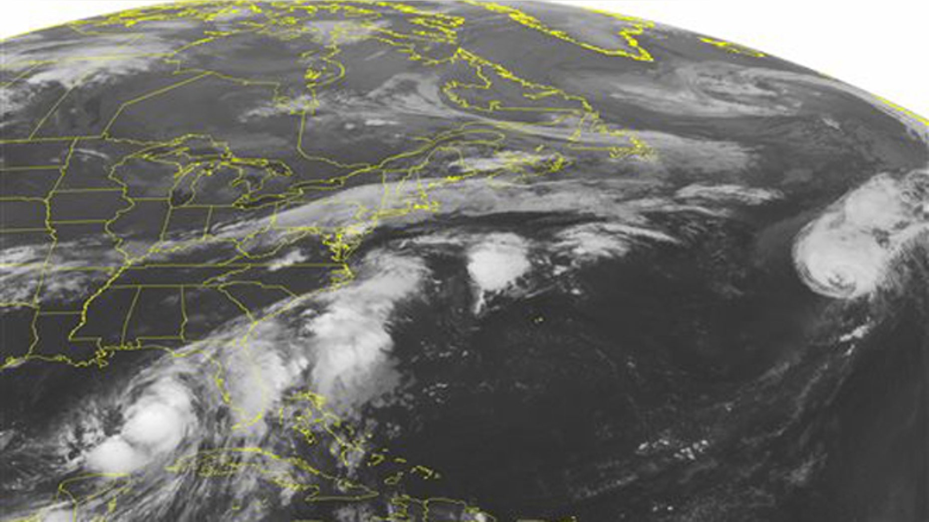 This NOAA satellite image taken Thursday, September 01, 2016 at 12:45 AM EDT shows large amounts of thunderstorm activity occurring offshore of the southeastern United States, extending offshore of the Mid-Atlantic. Tropical Storm Hermine is also observed in the southeastern Gulf of Mexico, slowly marching northward towards the Gulf shore. Some isolated rain showers are also moving ahead of a cold front draped across New England and into the Mid-west. (NOAA/Weather Underground via AP)