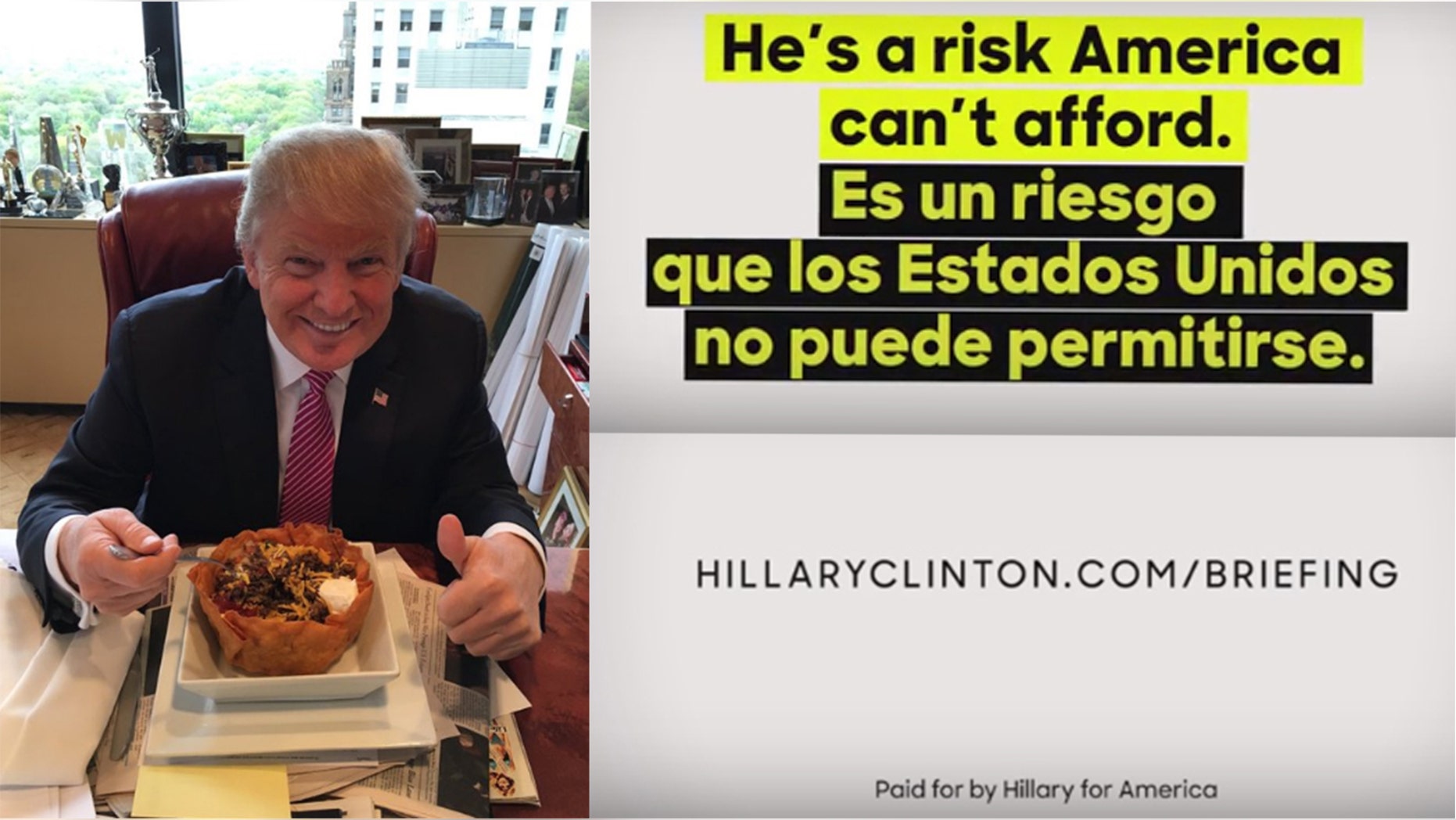 Photo on the left was tweeted by Donald Trump and images on the right are from an anti-Trump ad geared toward Latinos. Both were released on Cinco de Mayo.