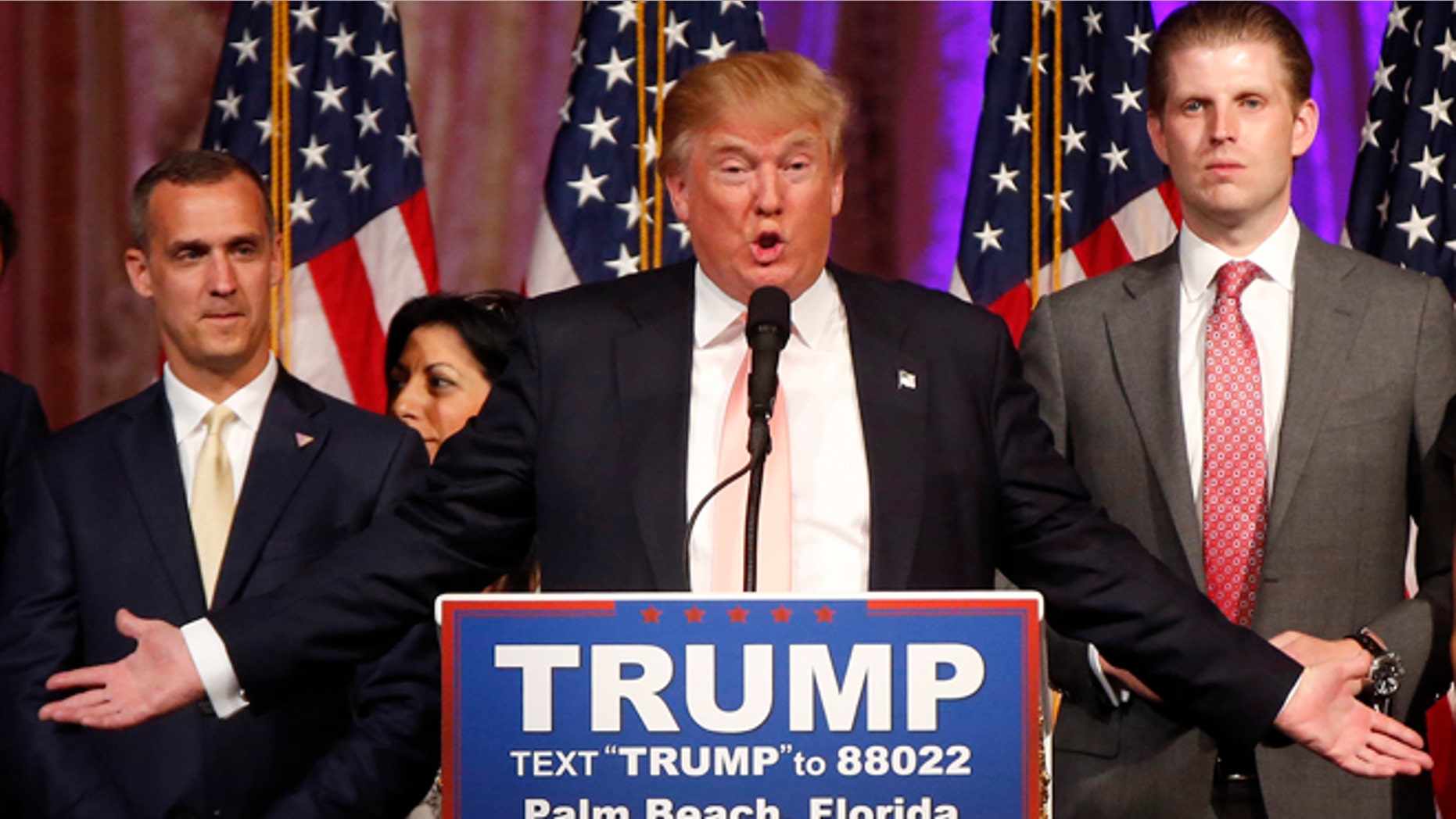 Republican presidential candidate Donald Trump speaks to supporters at his primary election night event at his Mar-a-Lago Club in Palm Beach, Fla., Tuesday, March 15, 2016. (AP Photo/Gerald Herbert)