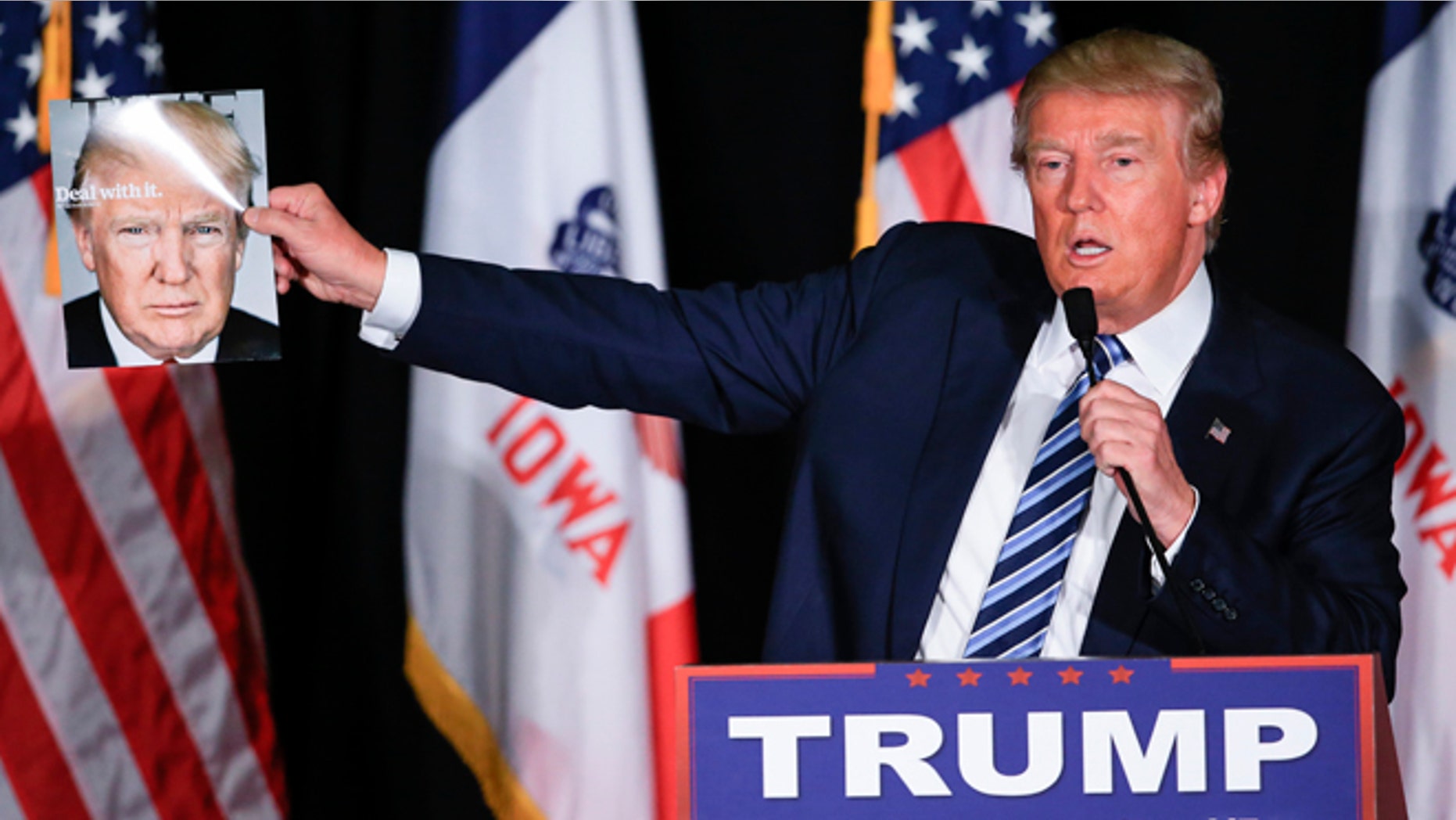 Donald Trump speaks during a campaign stop in Council Bluffs, Iowa, Tuesday, Dec. 29, 2015.