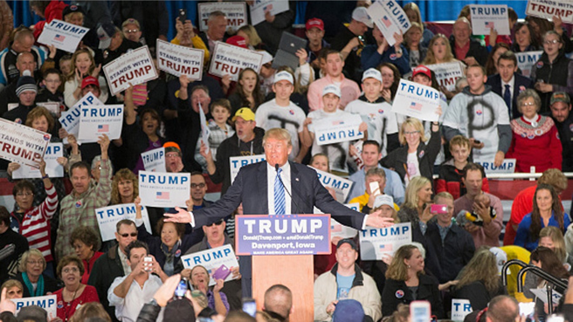 DAVENPORT, IA - DECEMBER 05: Republican presidential candidate Donald Trump speaks to guests gathered for a campaign event at Mississippi Valley Fairgrounds on December 5, 2015 in Davenport, Iowa. Trump continues to lead the most polls in the race for the Republican nomination for president. (Photo by Scott Olson/Getty Images)