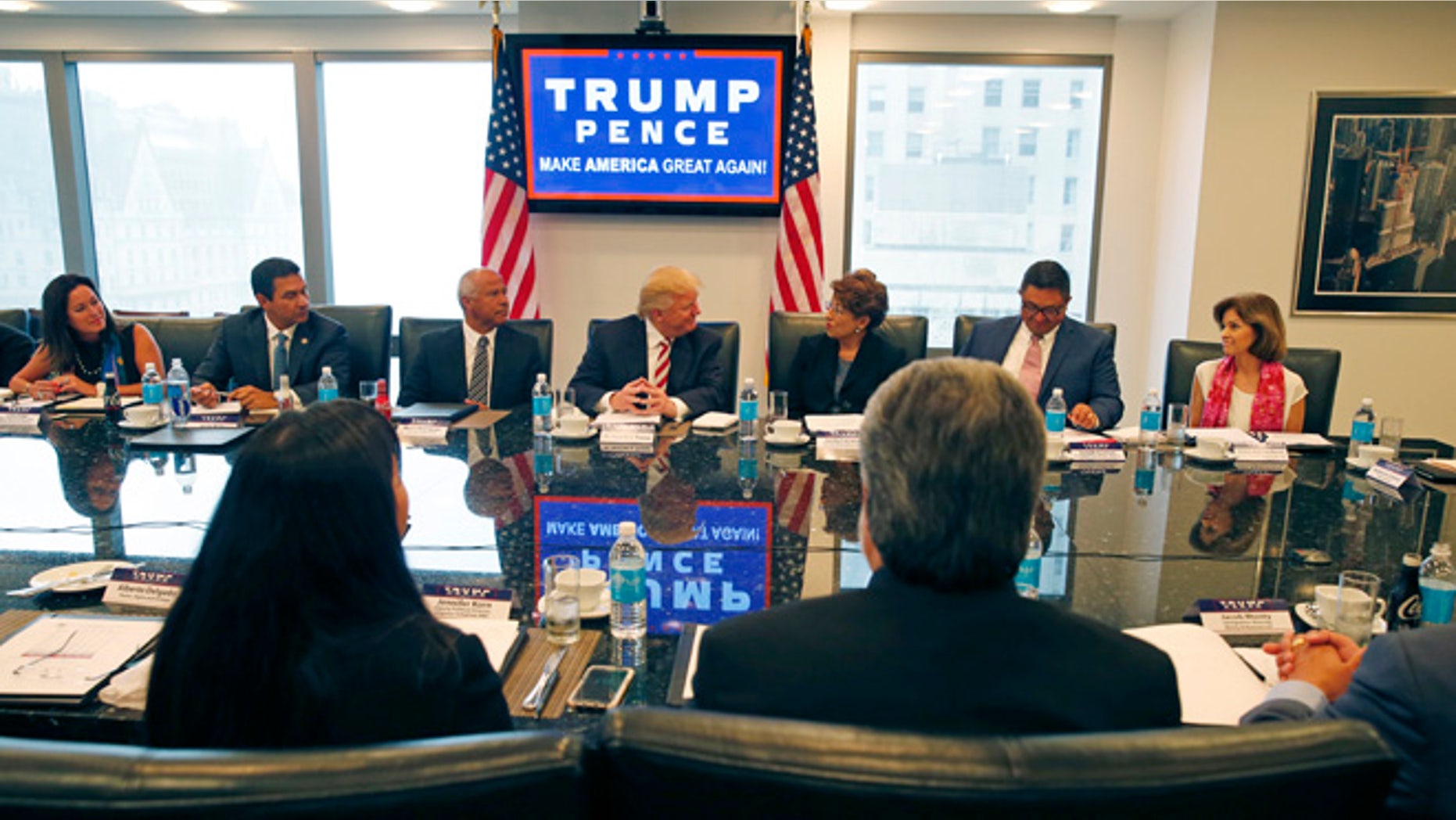 Republican presidential candidate Donald Trump holds a Hispanic advisory roundtable meeting in New York, Saturday, Aug. 20, 2016. (AP Photo/Gerald Herbert)
