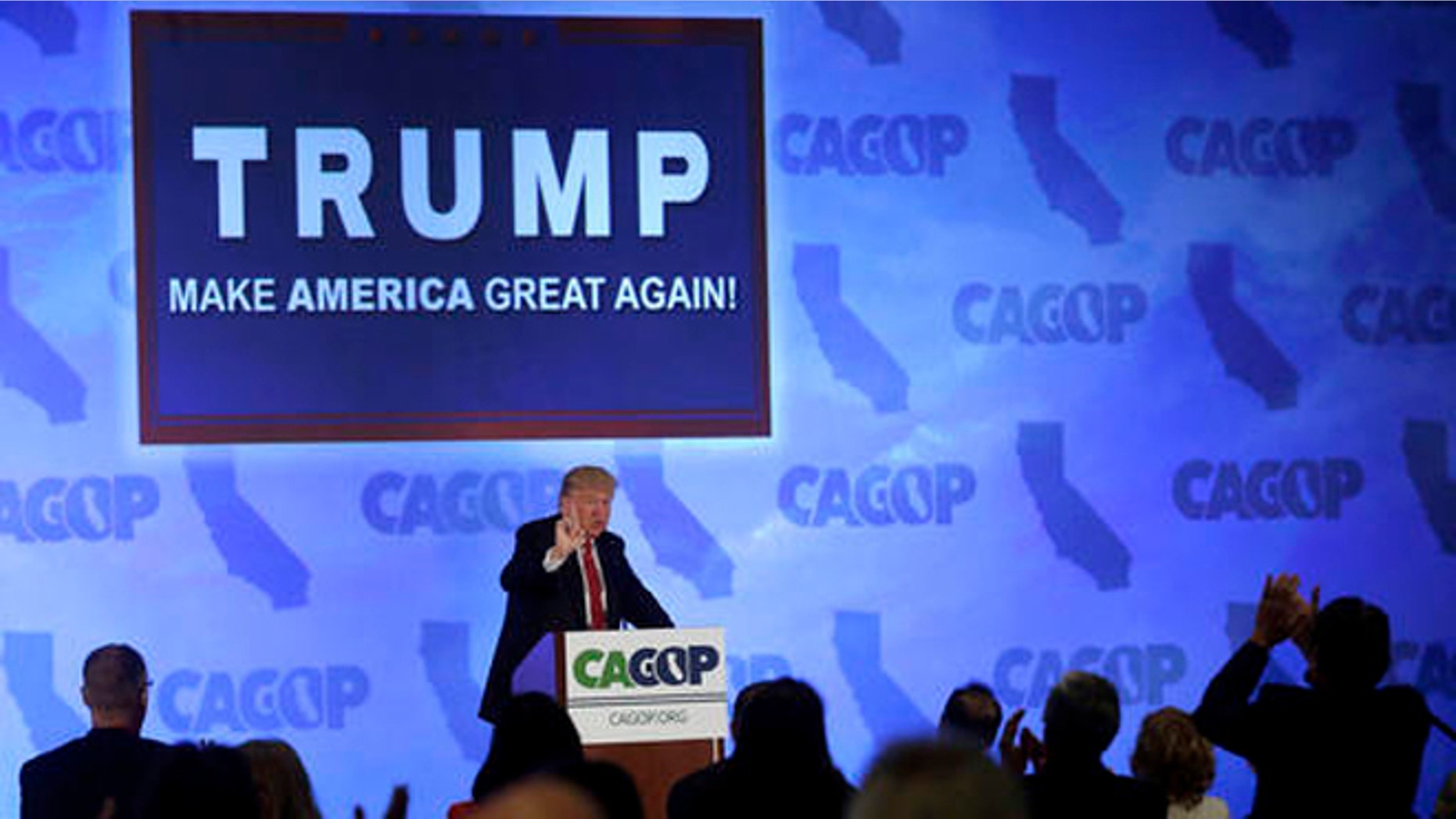 FILE - In this April 29, 2016 file photo, Republican presidential candidate Donald Trump speaks at the California Republican Party 2016 convention in Burlingame, Calif. With the prospect of Donald Trump clinching the nomination in the Golden State has scrambled the party's political fault lines in advance of its pivotal June primary, forging unexpected alliances that blur those longstanding divisions. Trump has snapped up support of California stalwarts like Ted Costa, former state Sen. Tony Strickland and former congressman Doug Ose. (AP Photo/Jeff Chiu, File)