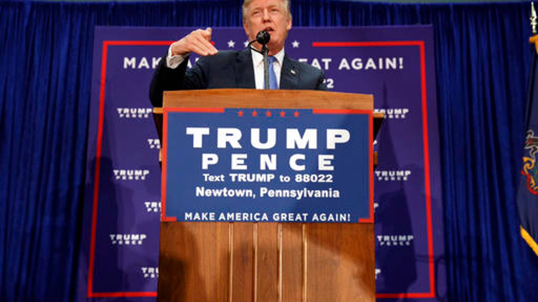 Republican presidential candidate Donald Trump speaks during a campaign rally, Friday, Oct. 21, 2016, in Newtown, Pa. (AP Photo/ Evan Vucci)