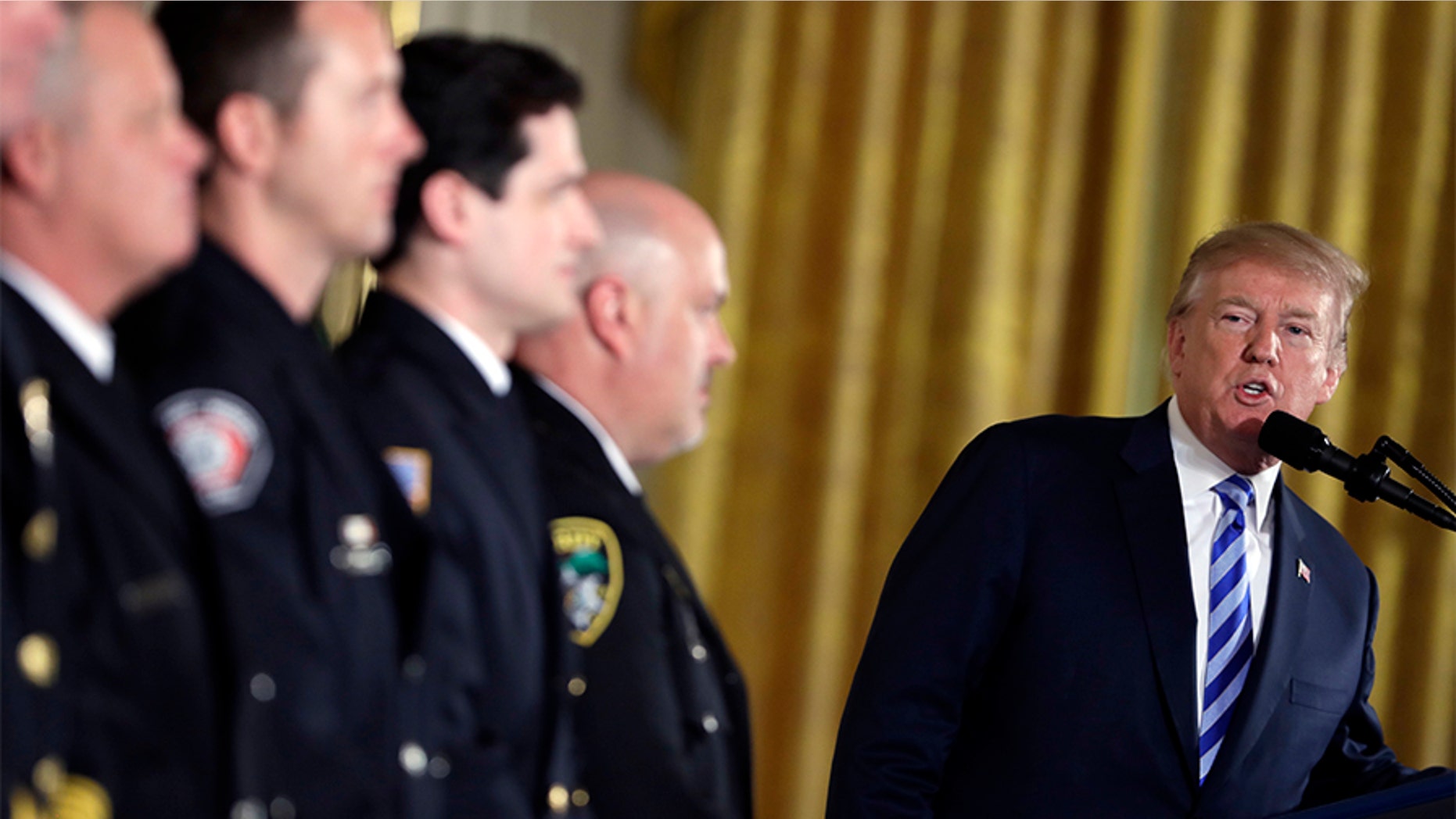 President Donald Trump speaks at the Public Safety Medal of Valor awards ceremony in the East Room of the White House, Tuesday, Feb. 20, 2018, in Washington.