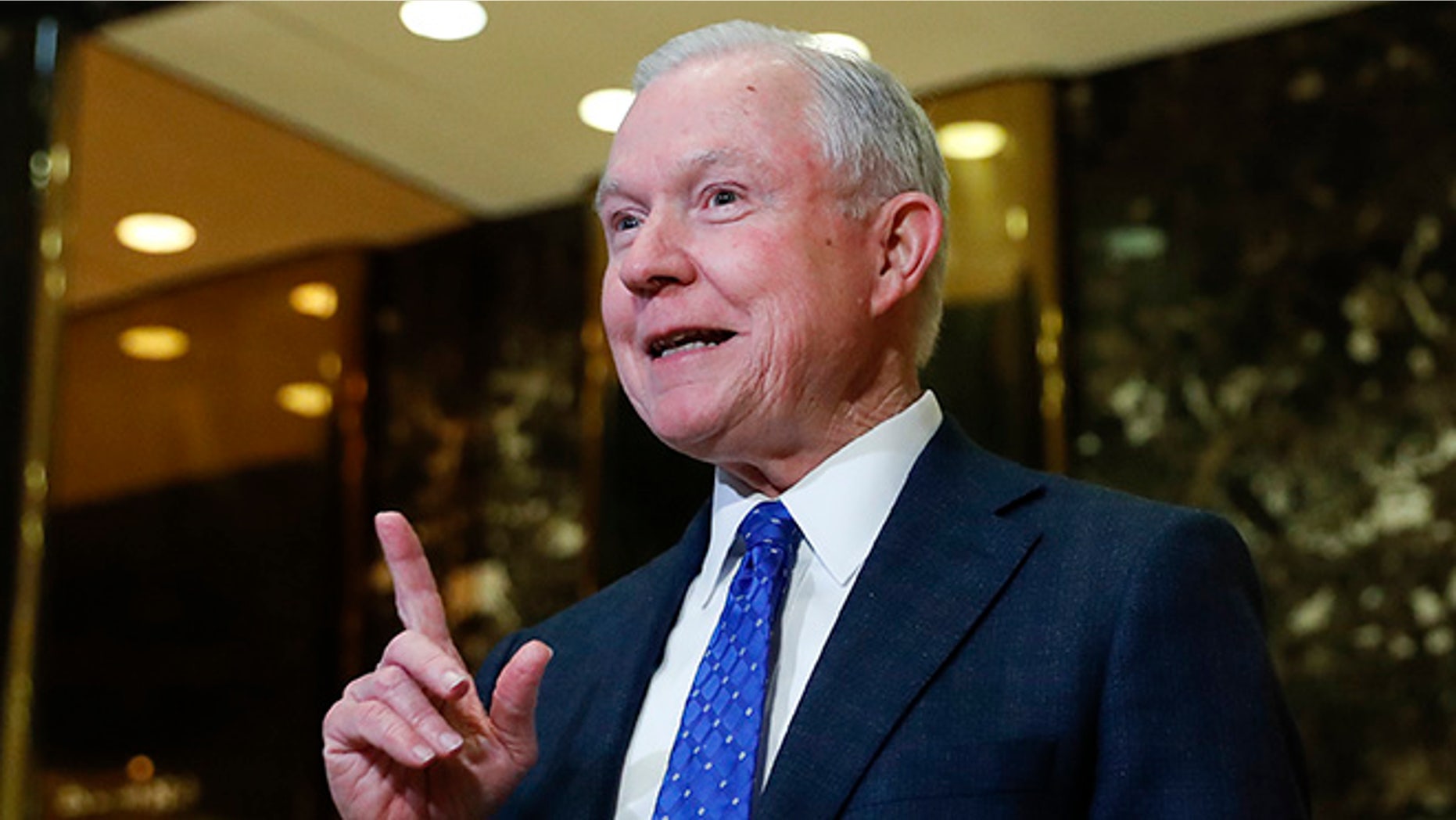 Sen. Jeff Sessions, R-Ala. and Kellyanne Conway, campaign manager for President-elect Donald Trump, speaks to reporters at Trump Tower in New York, Thursday, Nov. 17, 2016. (AP Photo/Carolyn Kaster)