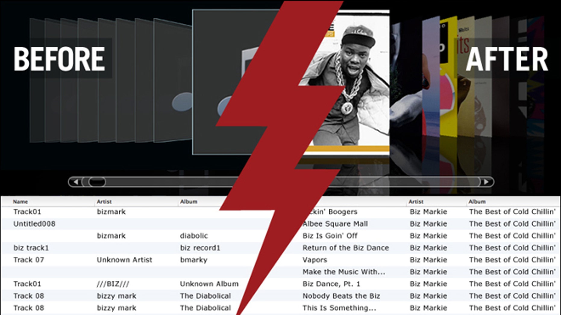 Tune Up takes your unorganized iTunes or Windows Media Player library and adds artist, album, and track info -- as well as the all-important album art.