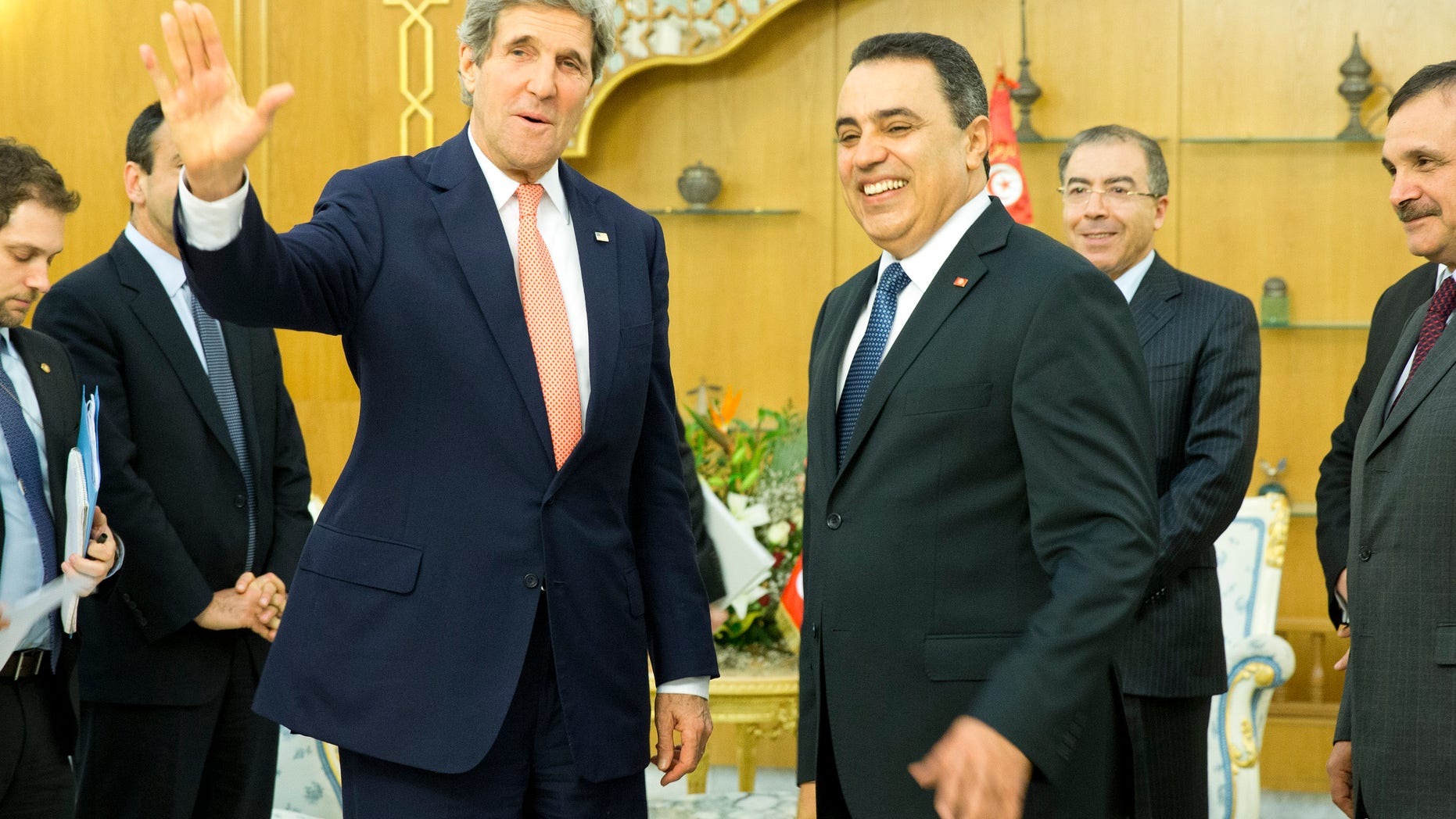 Feb. 18, 2014: Secretary of State John Kerry, left, meets with Tunisian Prime Minister Mehdi Joma'a at Dar Diafa Palace.
