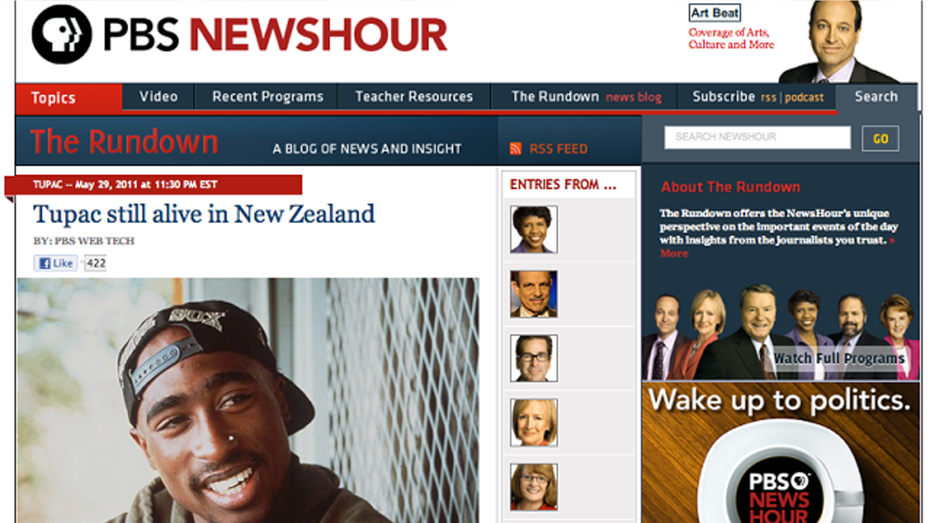 A screen capture of the PBS.org website, after hackers posted a story to the news agency stating that rap icon Tupac Shakur had been found alive in New Zealand.