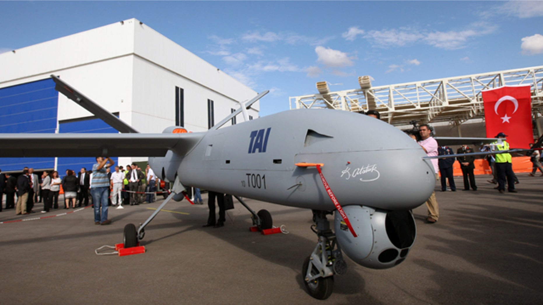 Turkey's first drone airplane called Anka or Phoenix is seen during a roll out ceremony at the TAI - Turkish Aerospace Space Industries Inc., near Ankara, Turkey, Friday, July 16, 2010. Anka, is a surveillance craft able to fly for 24-hour stretches over the rugged mountains where Kurdish rebels are waging a deadly insurgency.