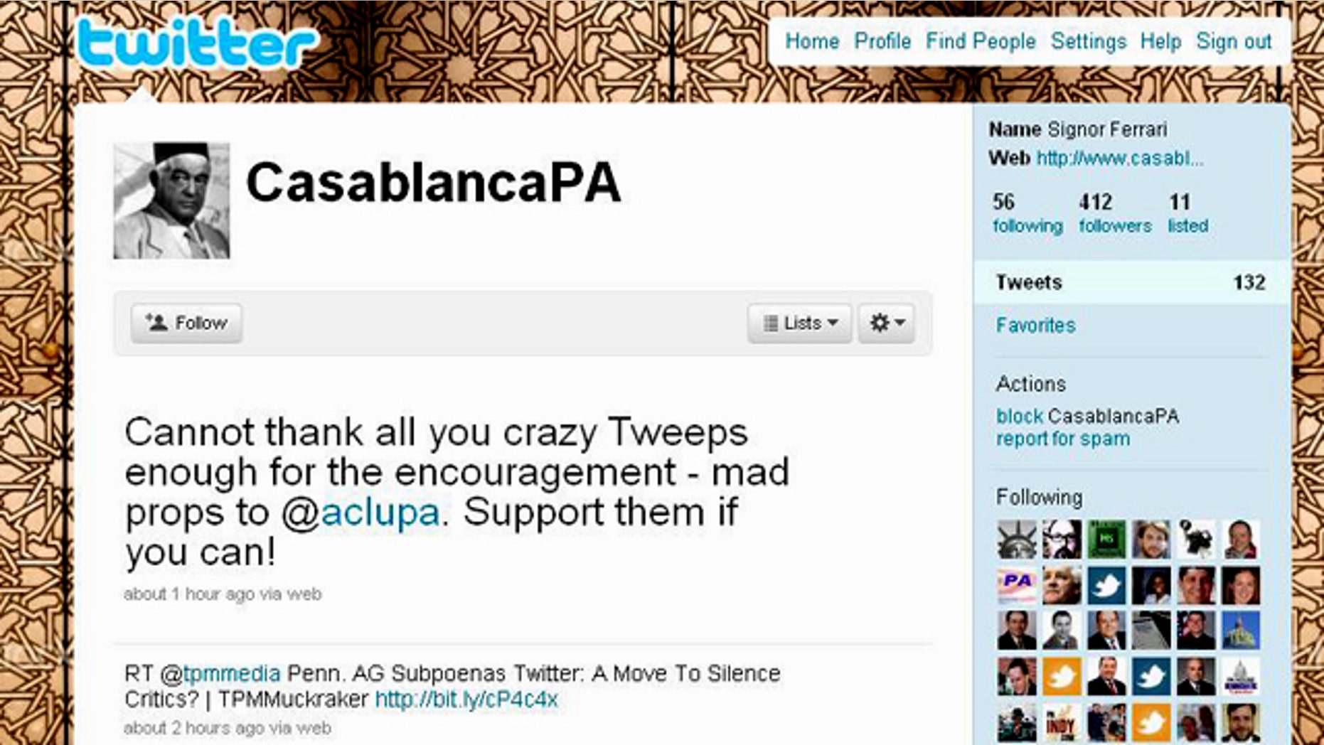 A screenshot of the Twitter feed for CasablancaPA, a user whose privacy is being defended by the ACLU from efforts by the Pennsylvania attorney general.