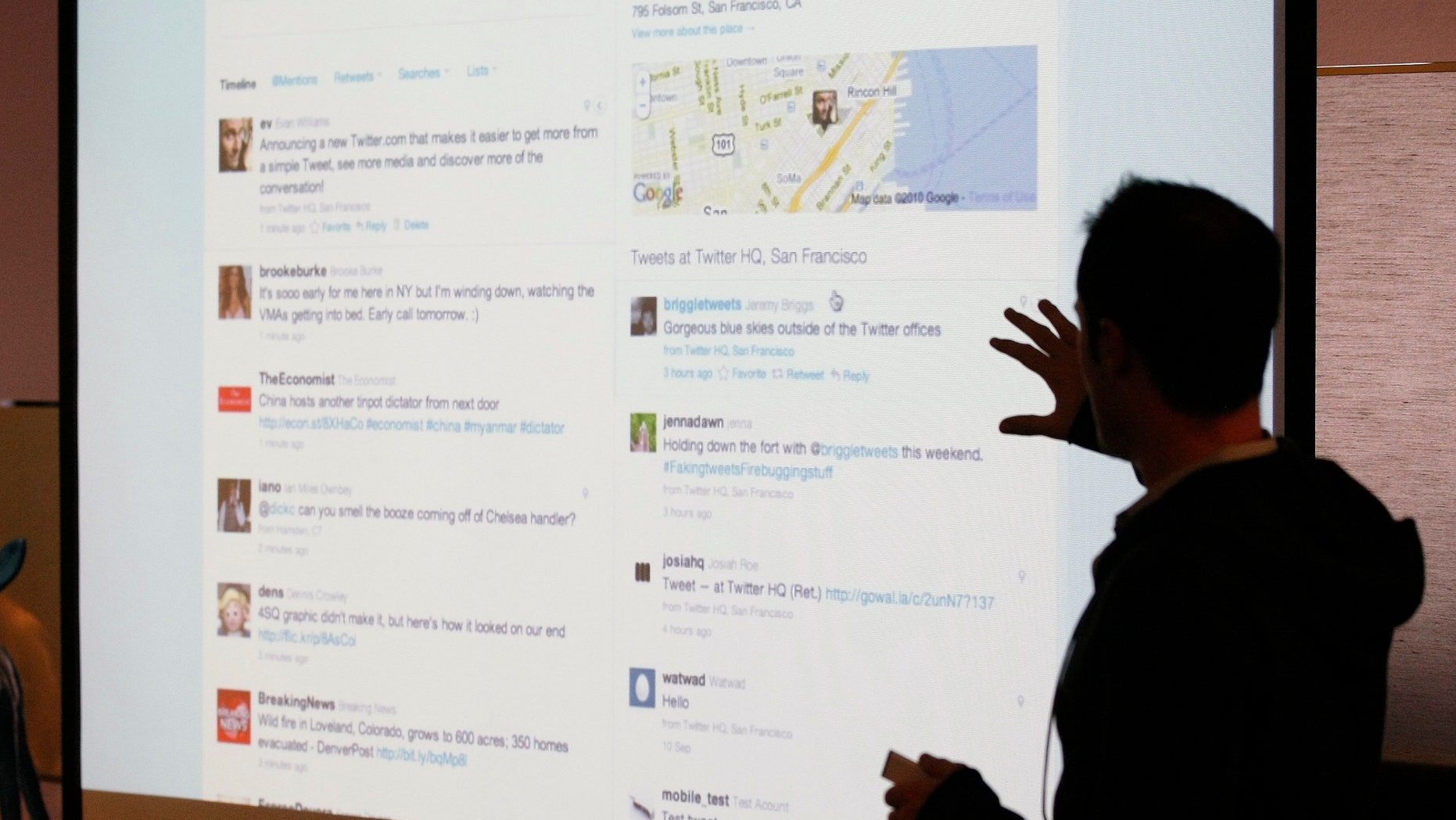 Sept. 14, 2010: In this file photo, Twitter CEO Evan Williams makes a presentation about changes to the social network at Twitter headquarters in San Francisco.