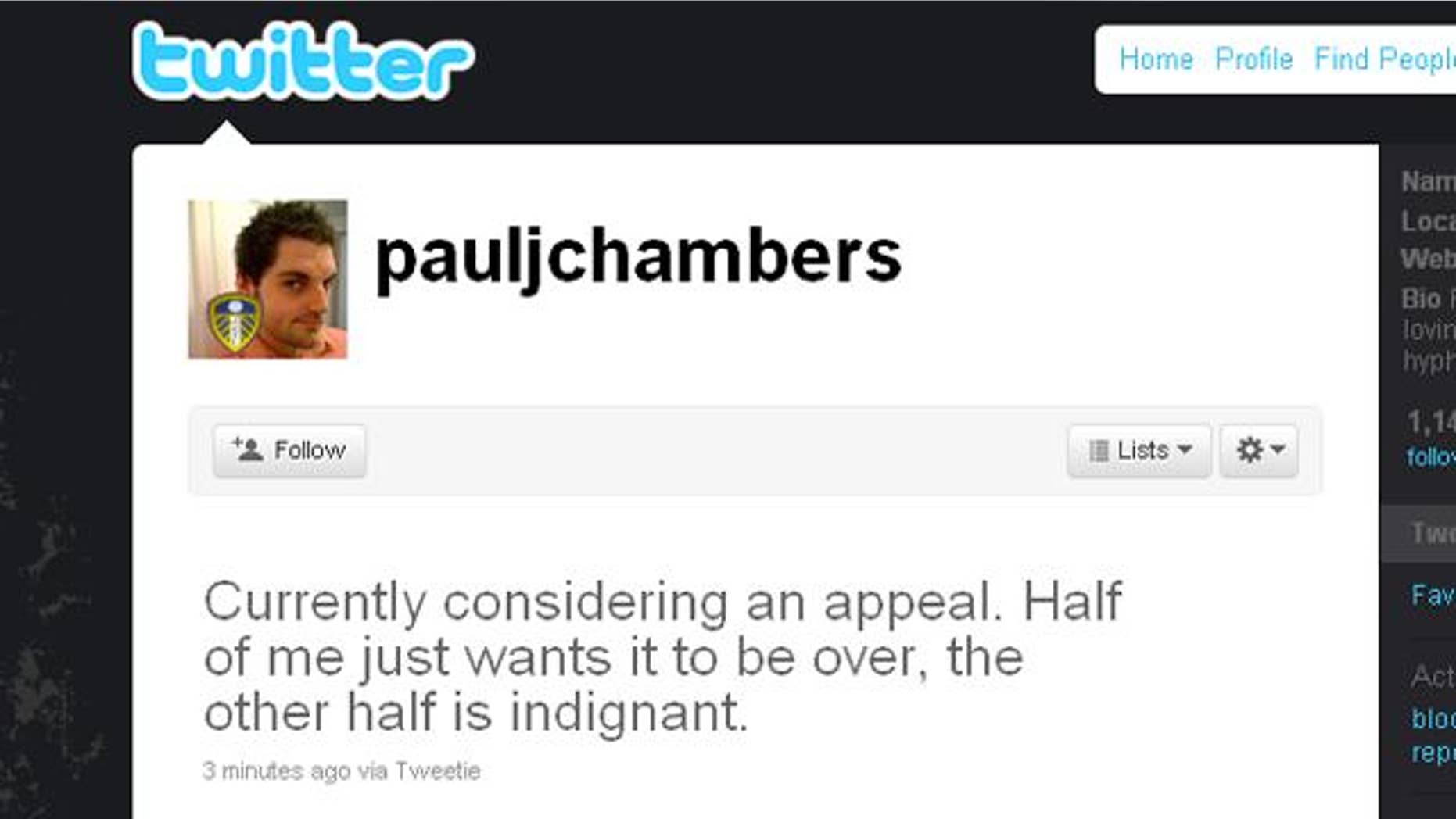 A screen capture of Paul Chambers' Twitter feed, following a conviction for a tweet he wrote threating to blow up an airport.