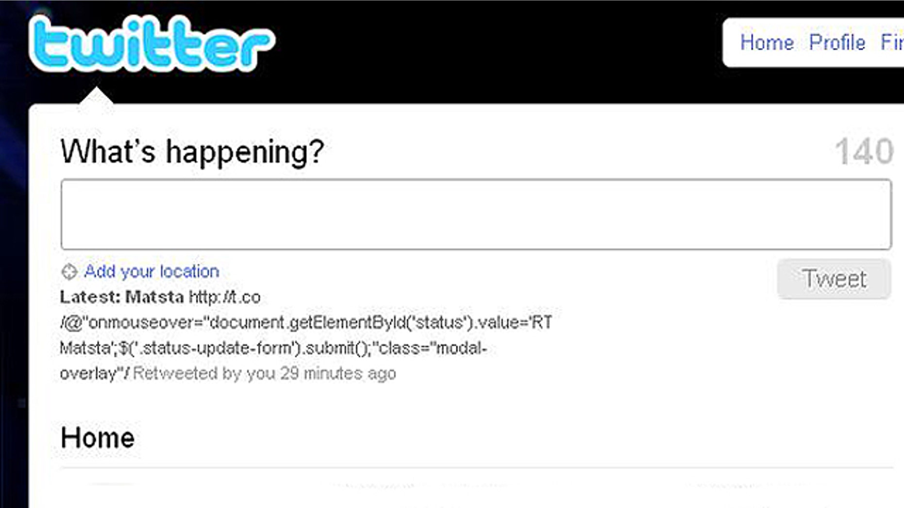 A piece of JavaScript code that can be embedded in messages on Twitter has the potential to retweet itself and redirect the reader's browser to other sites -- notably a hard-core pornography site.