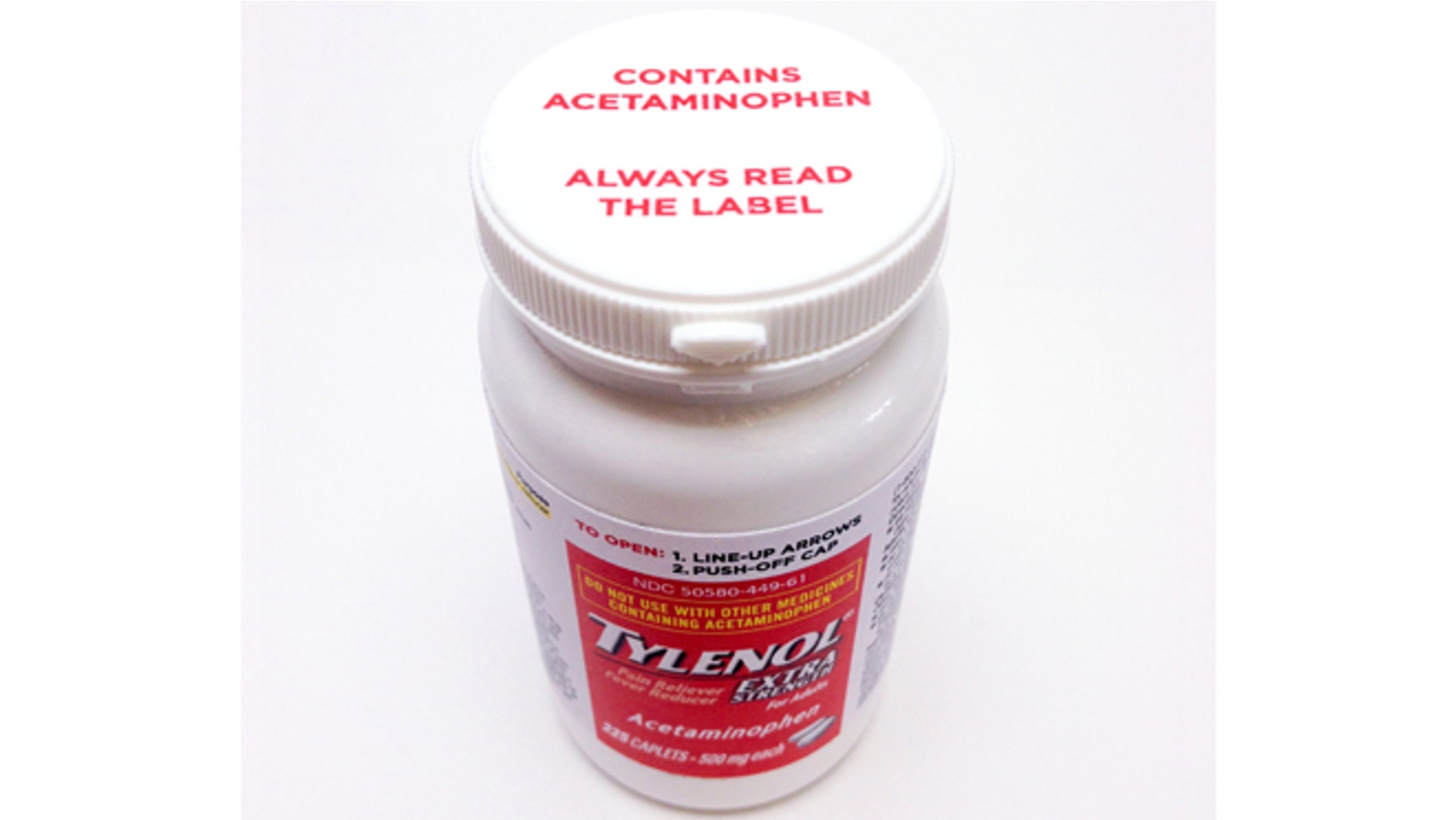 This undated product image provided by Johnson & Johnson shows a bottle of Extra Strength Tylenol bearing a new warning label on the cap alerting users to potentially fatal risks of taking too much of the pain reliever. (AP Photo/Johnson & Johnson)