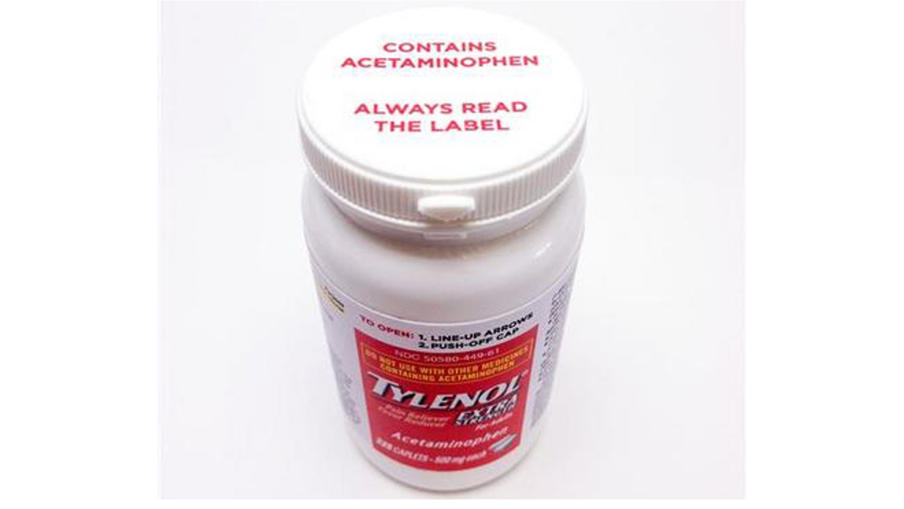 This undated product image shows a bottle of Extra Strength Tylenol bearing a new warning label on the cap alerting users to potentially fatal risks of taking too much of the pain reliever. (AP Photo/Johnson & Johnson)