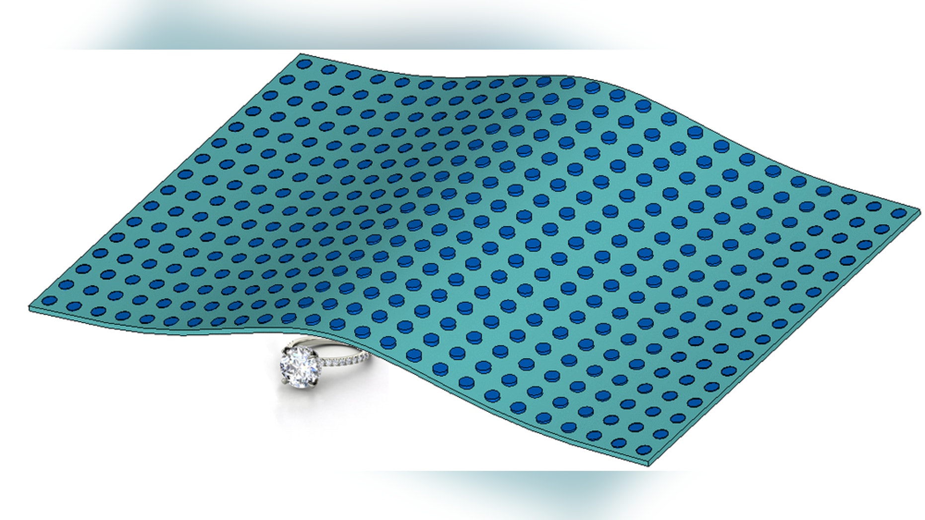An extremely thin cloaking device is designed using dielectric materials. The cloak is a thin Teflon sheet (light blue) embedded with many small, cylindrical ceramic particles (dark blue).
