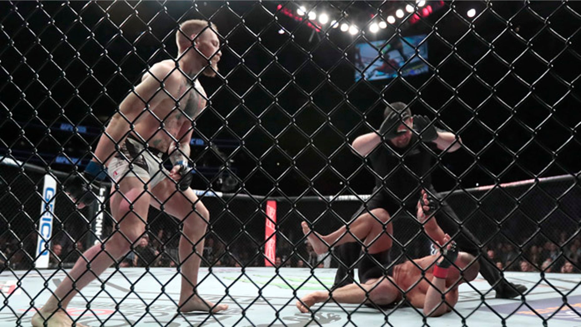 Conor McGregor, left, reacts after the referee stopped his lightweight title mixed martial arts bout against Eddie Alvarez, bottom right, at UFC 205, early Sunday, Nov. 13, 2016, at Madison Square Garden in New York. (AP Photo/Julio Cortez)