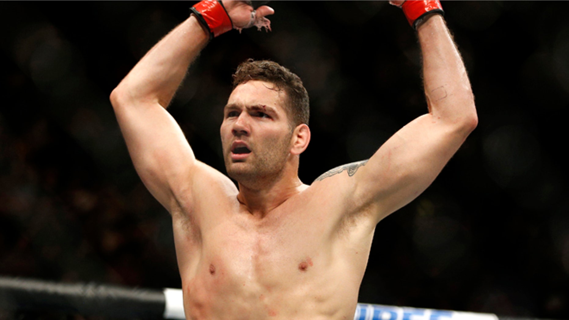 May 23, 2015: Chris Weidman celebrates after defeating Vitor Belfort in their middleweight mixed martial arts bout at UFC 187 in Las Vegas.