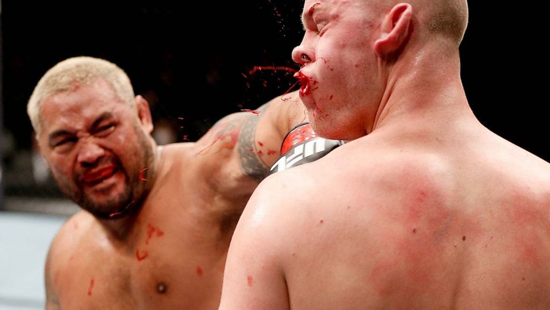 SAITAMA, JAPAN - MARCH 03: (L-R) Mark Hunt knocks out Stefan Struve with a punch in their heavyweight fight during the UFC on FUEL TV event at Saitama Super Arena on March 3, 2013 in Saitama, Japan. (Photo by Josh Hedges/Zuffa LLC/Zuffa LLC via Getty Images)