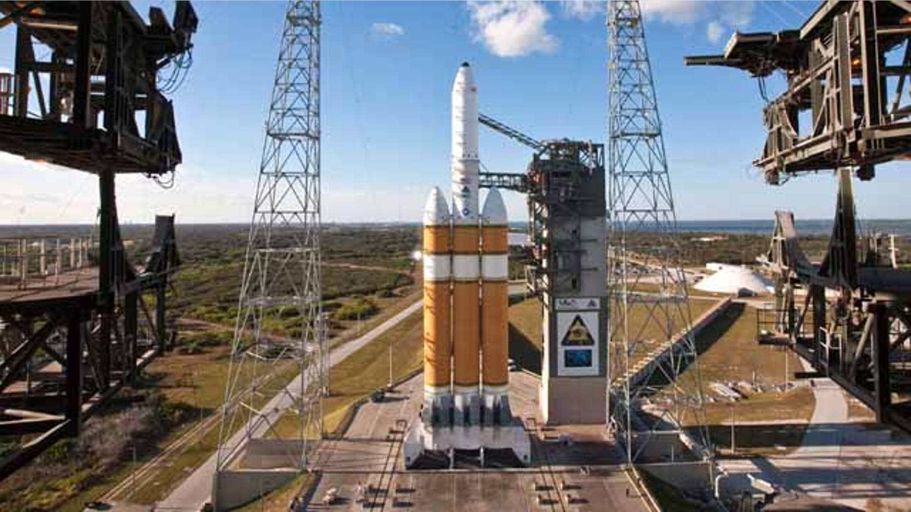 A United Launch Alliance Delta IV Heavy sits poised on its launch pad with a National Reconnaissance Office payload at Space Launch Complex-37. The Delta IV Heavy with its nearly 2 millions pounds of thrust is America’s most powerful liquid-fueled rocket.