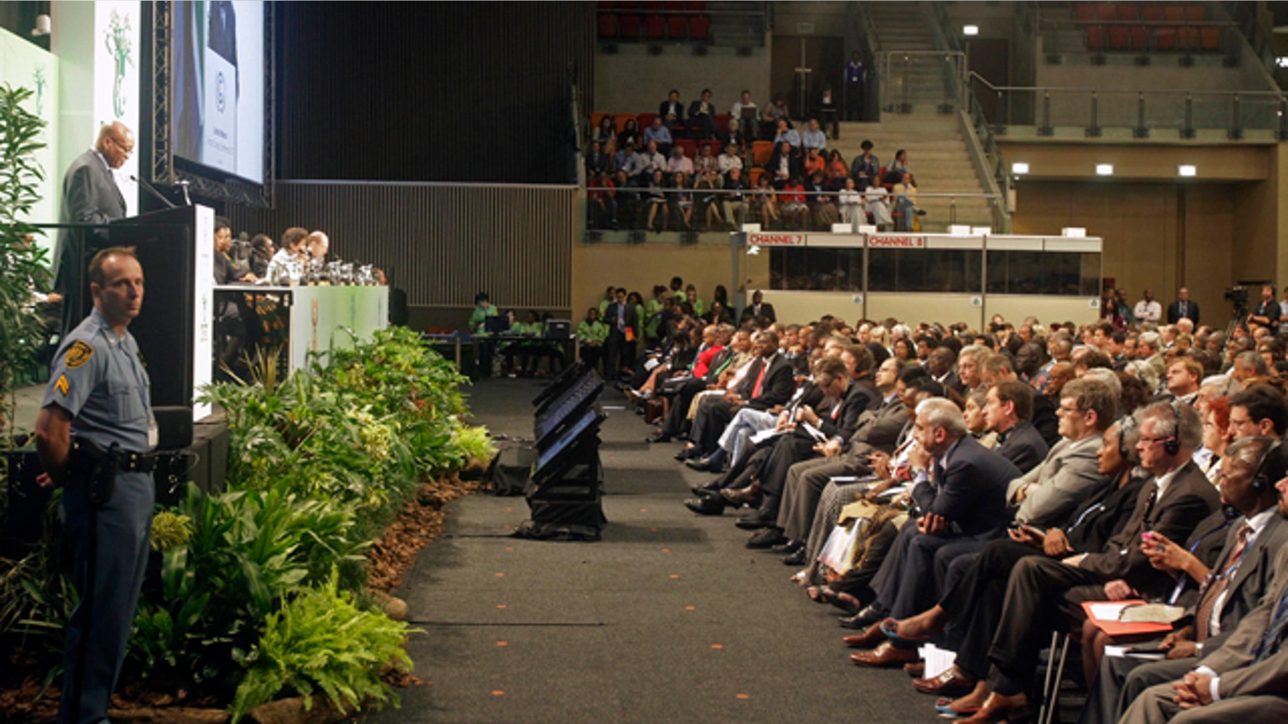 Nov. 28, 2011: South African President Jacob Zuma, left back, speaks during the opening ceremony of a climate conference in the city of Durban, South Africa, where negotiations have opened under the U.N. climate treaty to seek ways to curb emissions.