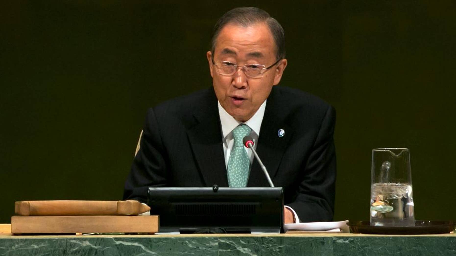 United Nations Secretary-General Ban Ki-moon addresses the Climate Change Summit, at U.N. headquarters, Tuesday, Sept. 23, 2014. (AP Photo/Richard Drew)