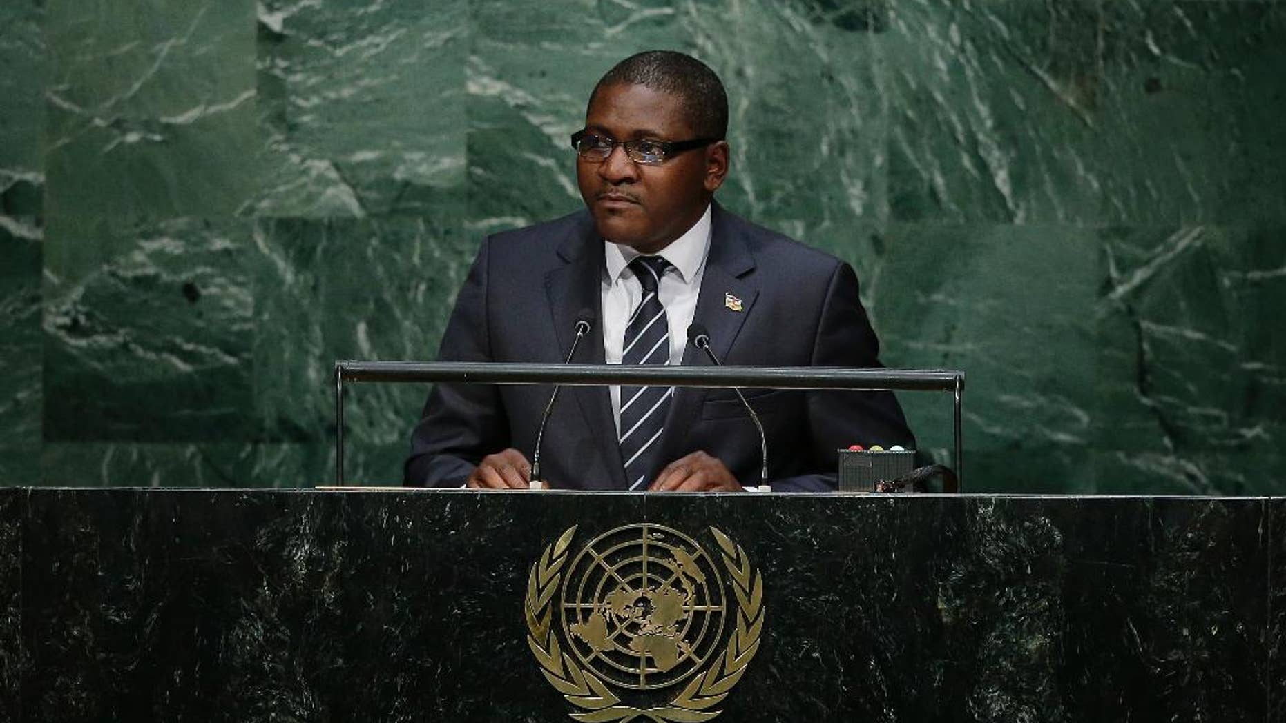 Foreign Minister for the Central African Republic, Samuel Rangba speaks during the 70th session of the United Nations General Assembly at U.N. headquarters Wednesday, Sept. 30, 2015. (AP Photo/Frank Franklin II)