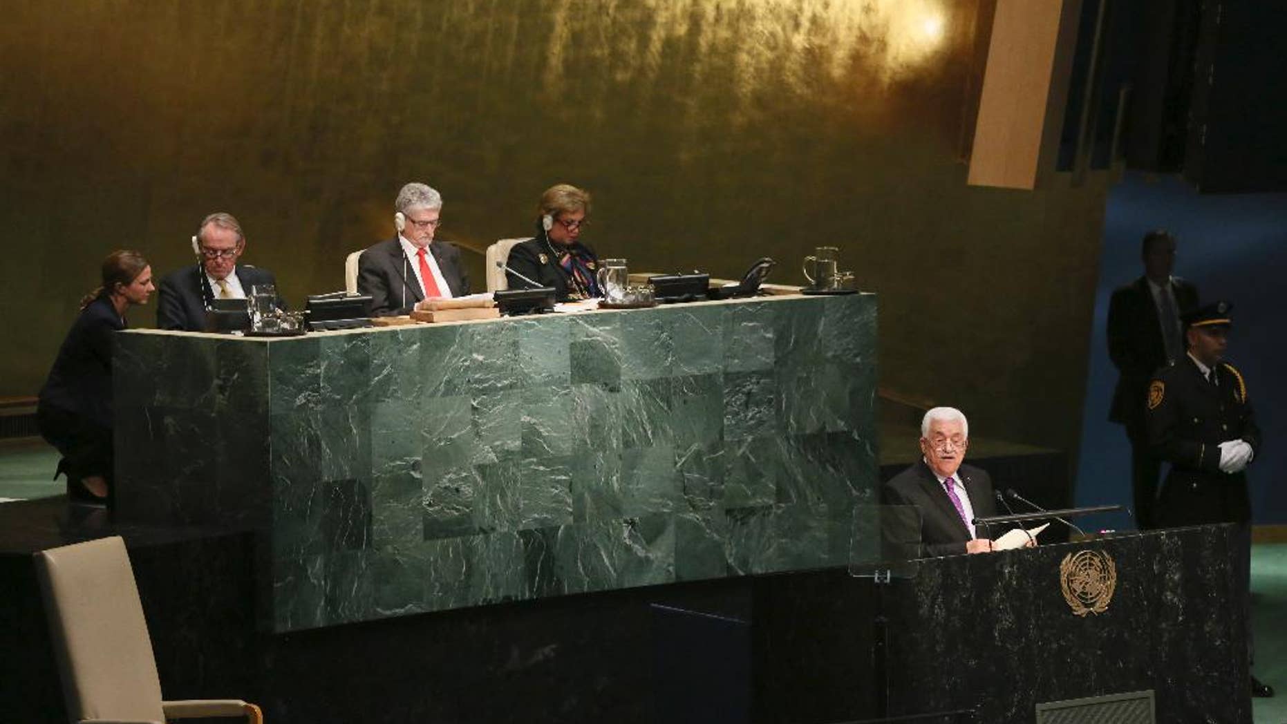 Palestinian President Mahmoud Abbas addresses the 70th session of the United Nations General Assembly on Wednesday, Sept. 30, 2015 at U.N. Headquarters. (AP Photo/Mary Altaffer)