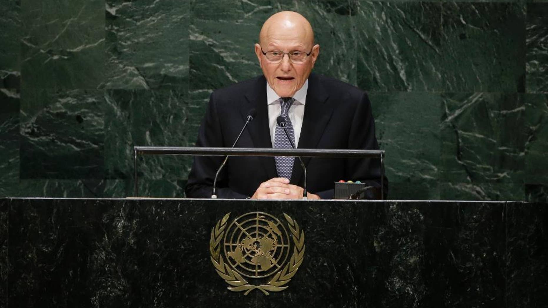 Lebanese Prime Minister Tammam Salam addresses the 69th session of the United Nations General Assembly at U.N. headquarters on Friday, Sept. 26, 2014, at the United Nations headquarters. (AP Photo/Frank Franklin II)