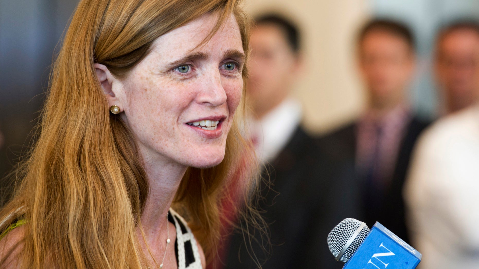 In a photo provided by the United Nations, the United States new ambassador to the UN Samantha Power speaks before presenting her credentials to UN Secretary General Ban Ki-moon, Monday, Aug. 5, 2013, at UN headquarters. A former foreign policy adviser to President Barack Obama, Power succeeds Susan Rice, now the president's national security adviser. (AP Photo/Mark Garten, United Nations)