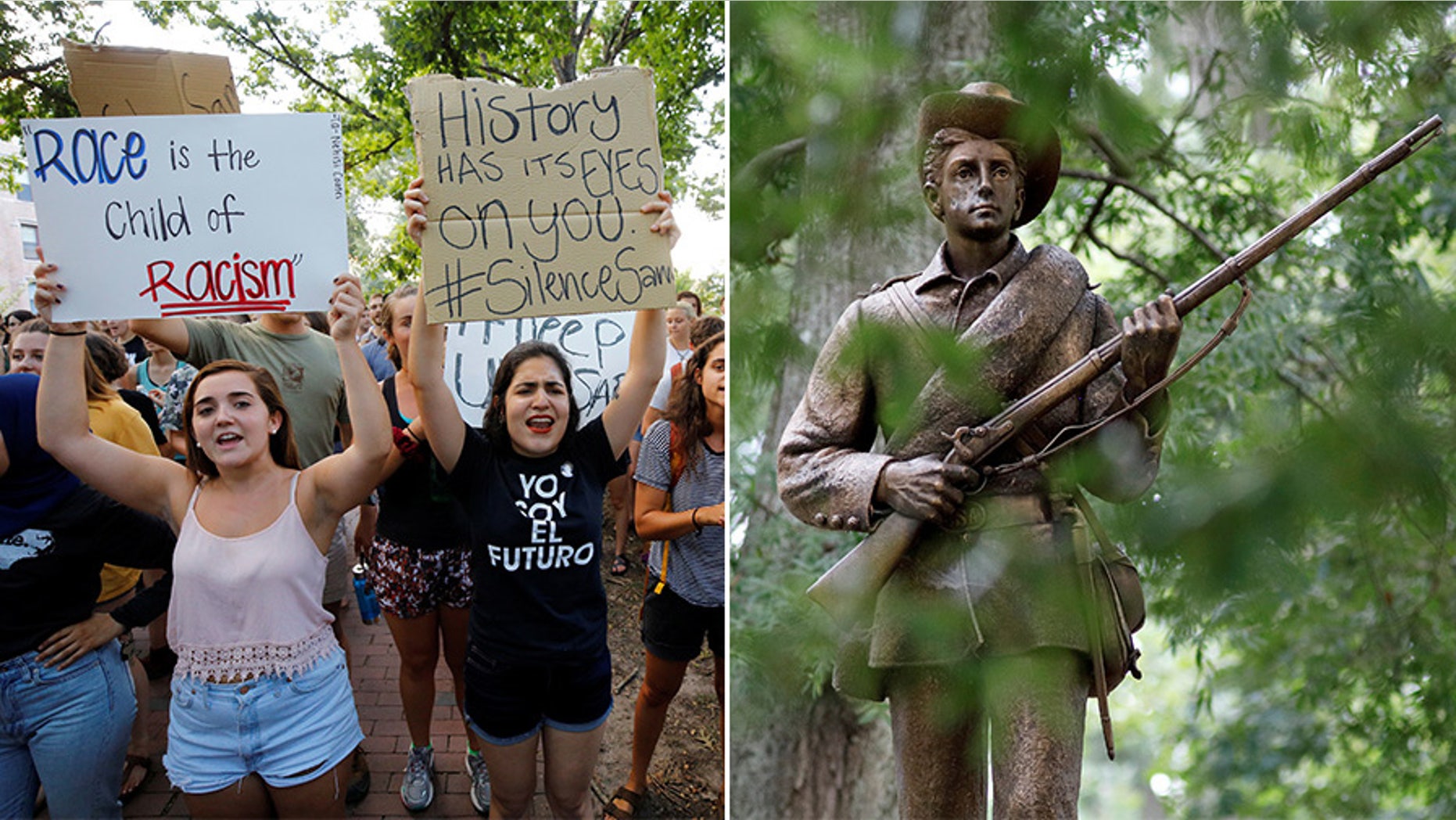 Students rallying for the removal of a statue of a Confederate soldier nicknamed Silent Sam on the campus of the University of North Carolina at Chapel Hill in August.