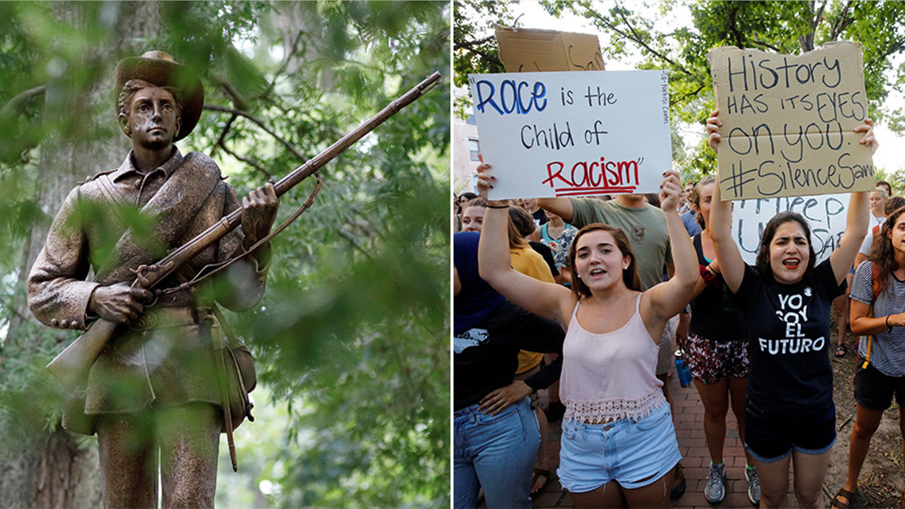 Students rallying for the removal of a statue of a Confederate soldier nicknamed Silent Sam on the campus of the University of North Carolina at Chapel Hill in August 2017.