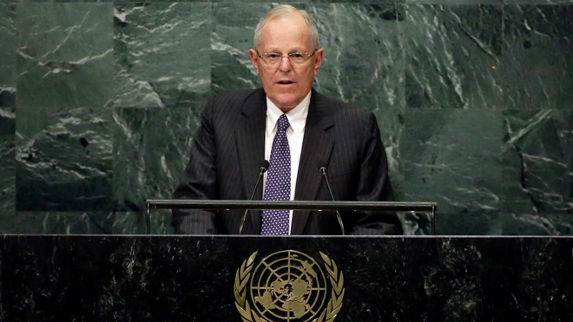Peru's President Pedro Pablo Kuczynski addresses the 71st session of the United Nations General Assembly, at U.N. headquarters, Tuesday, Sept. 20, 2016. (AP Photo/Richard Drew)