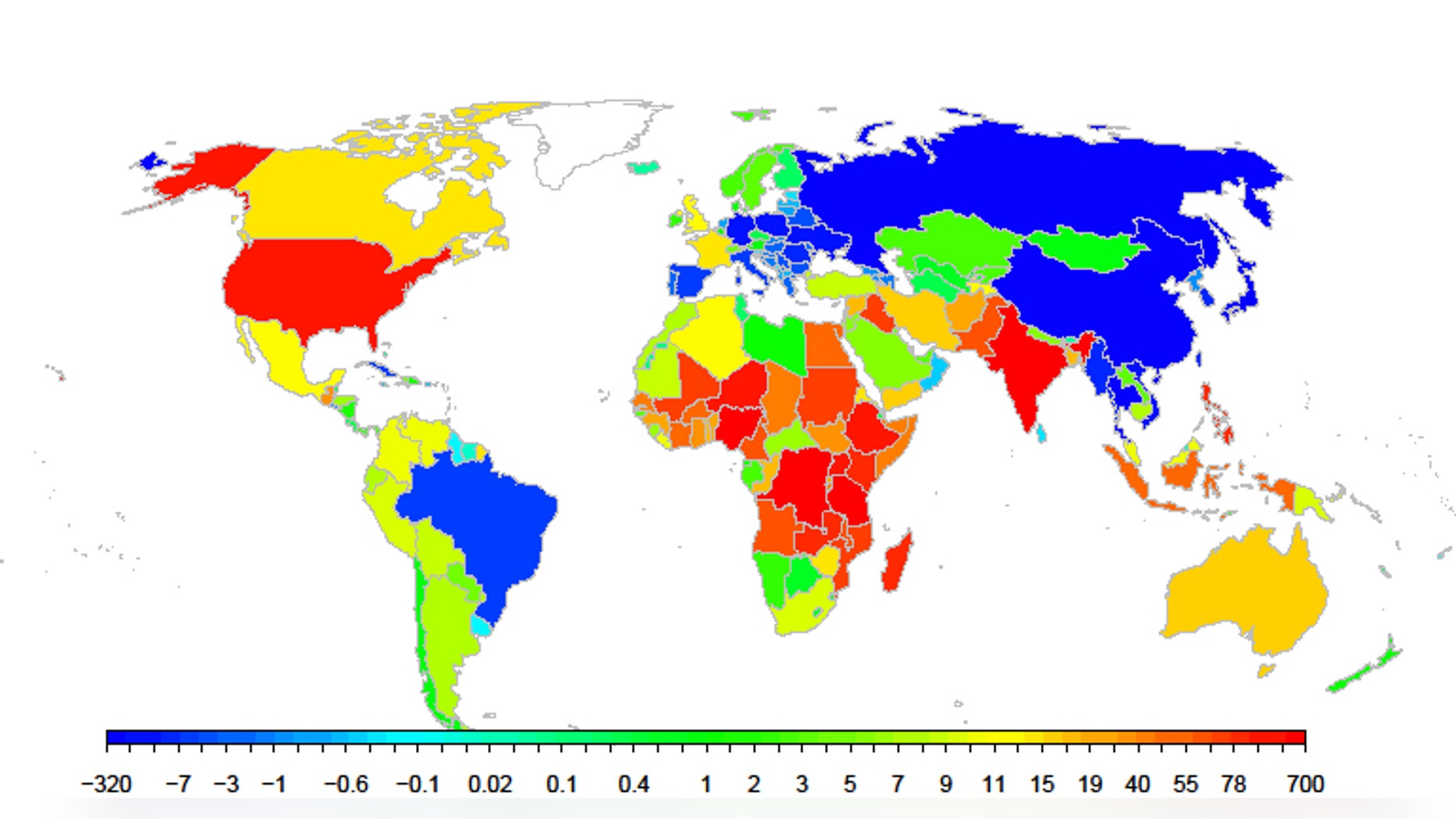 The expected population changes from now to 2100 are shown in the graphic. By far the largest expected increase is in Nigeria. The United States is eighth, with an expected increase of 146 million, or 46 percent. The largest projected decline is in China.