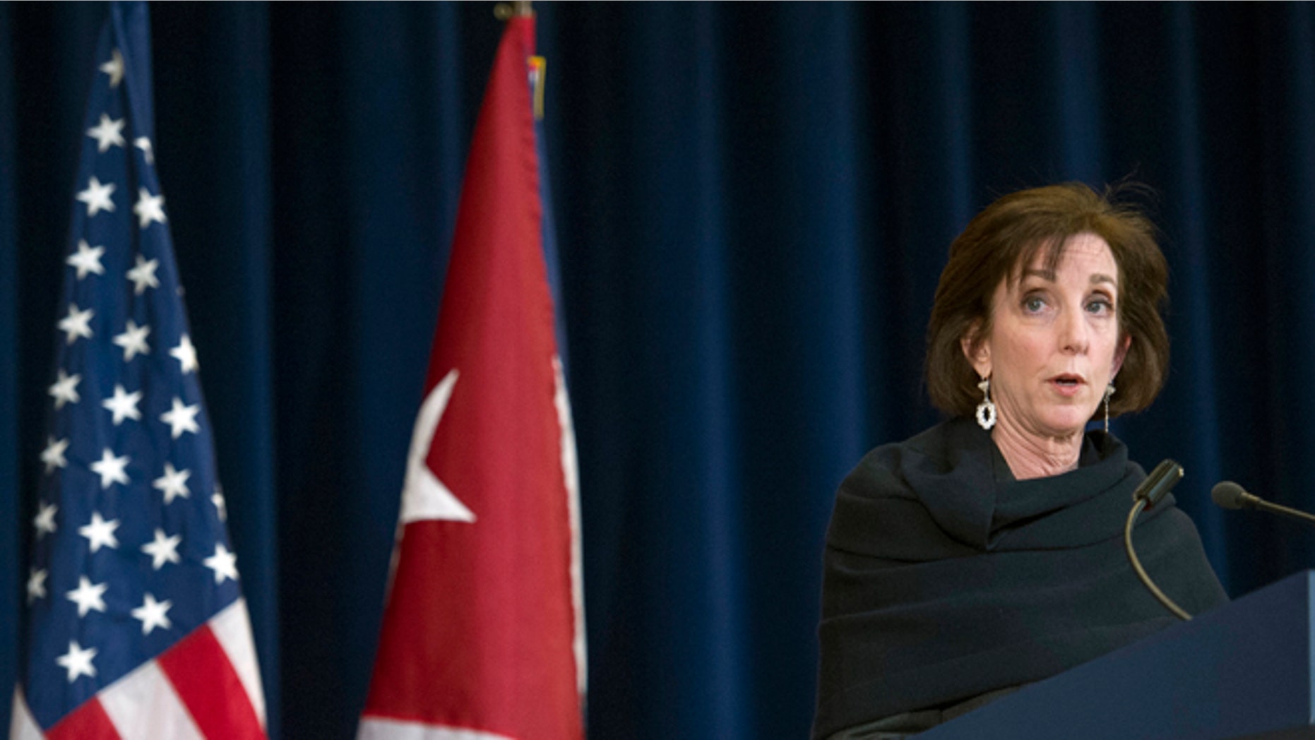 Roberta S. Jacobson, U.S. Assistant Secretary of State for Western Hemisphere Affairs Members, speaks with the media at the State Department in Washington, Friday, Feb. 27, 2015. The United States and Cuba claimed progress Friday toward ending a half-century diplomatic freeze, suggesting they could clear some of the biggest obstacles to their new relationship within weeks. (AP Photo/Cliff Owen)