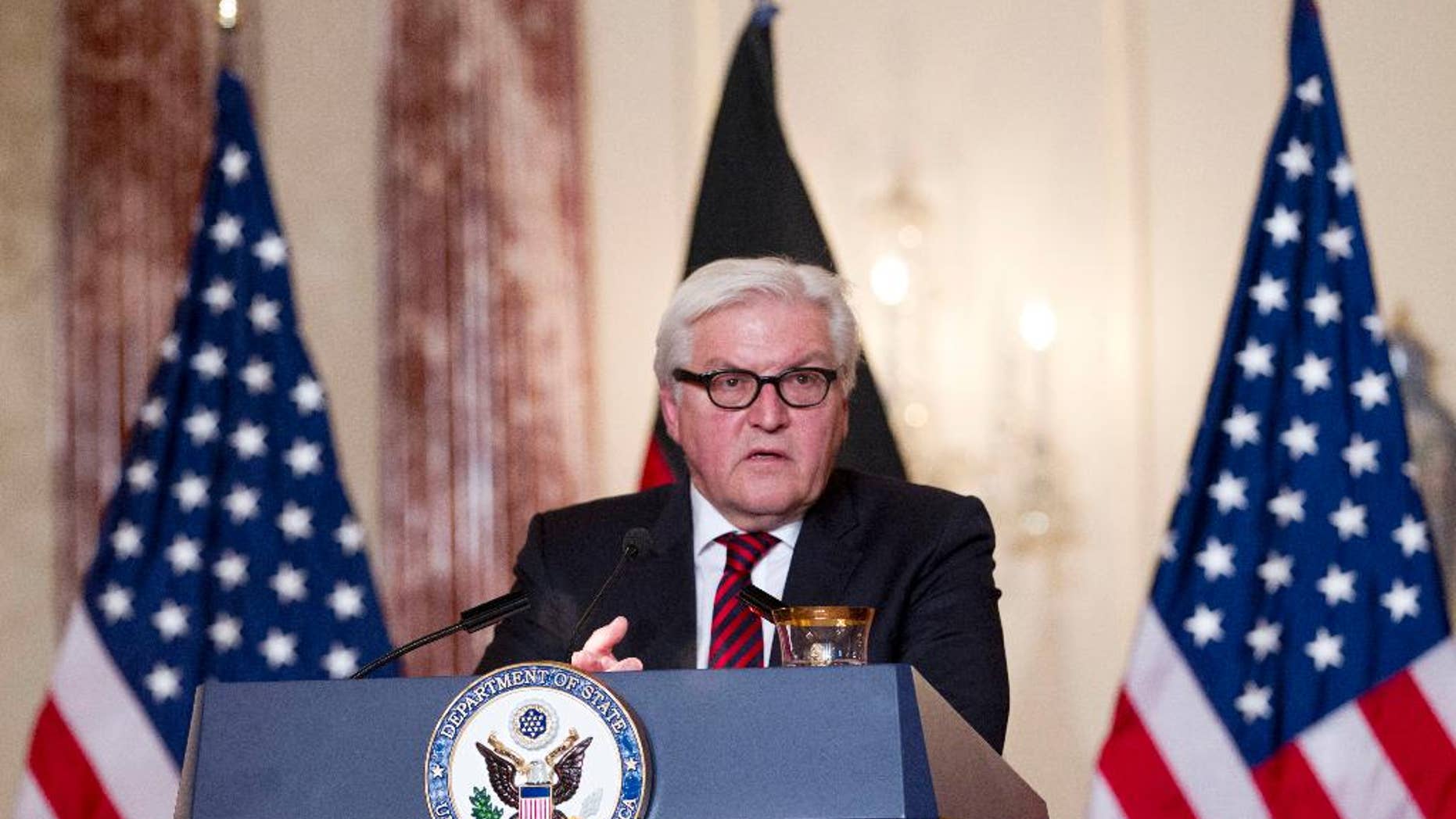German Foreign Minister Frank-Walter Steinmeier speaks during a joint news conference with Secretary of State John Kerry, after a private meeting, Thursday Feb. 27, 2014, at the State Department in Washington. (AP Photo/Jose Luis Magana)