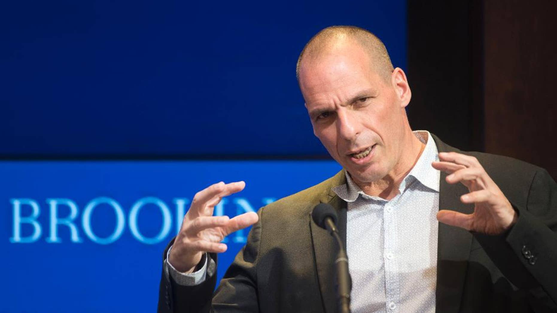 Greek Finance Minister Yanis Varoufakis speaks at the Brookings Institution in Washington, Thursday, April 16, 2015. (AP Photo/Kevin Wolf)