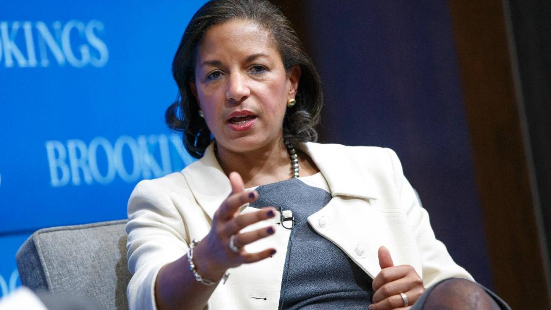 FILE - In this Feb. 6, 2015 file photo, National Security Adviser Susan Rice speaks at the Brookings Institution in Washington. In a move that may ease _ or exacerbate _ spiraling tensions with Israel over a potential Iran nuclear deal, the White House has decided against snubbing America’s leading pro-Israel lobby and will send President Barack Obama’s national security adviser and U.N. ambassador to address its annual policy conference. (AP Photo/J. Scott Applewhite, File)